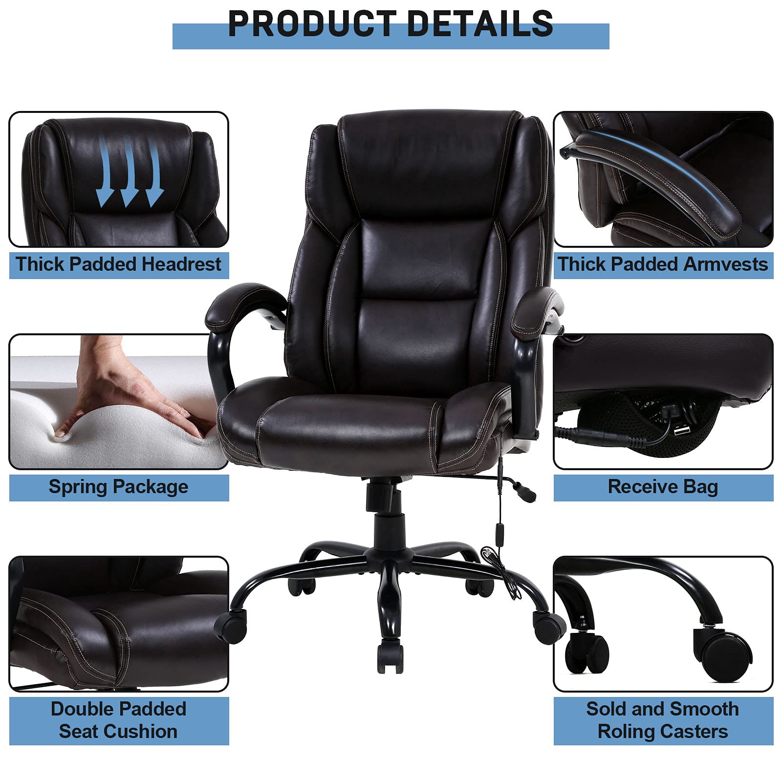 Big and Tall Office Chair Heavy Duty 500 lbs Capacity - Wide Seat Ergonomic Computer Chair with Massage, Padded Armrests & Lumbar Support - Modern Rolling Swivel Desk Chair for Home Office, Gaming & Workspace (Black)