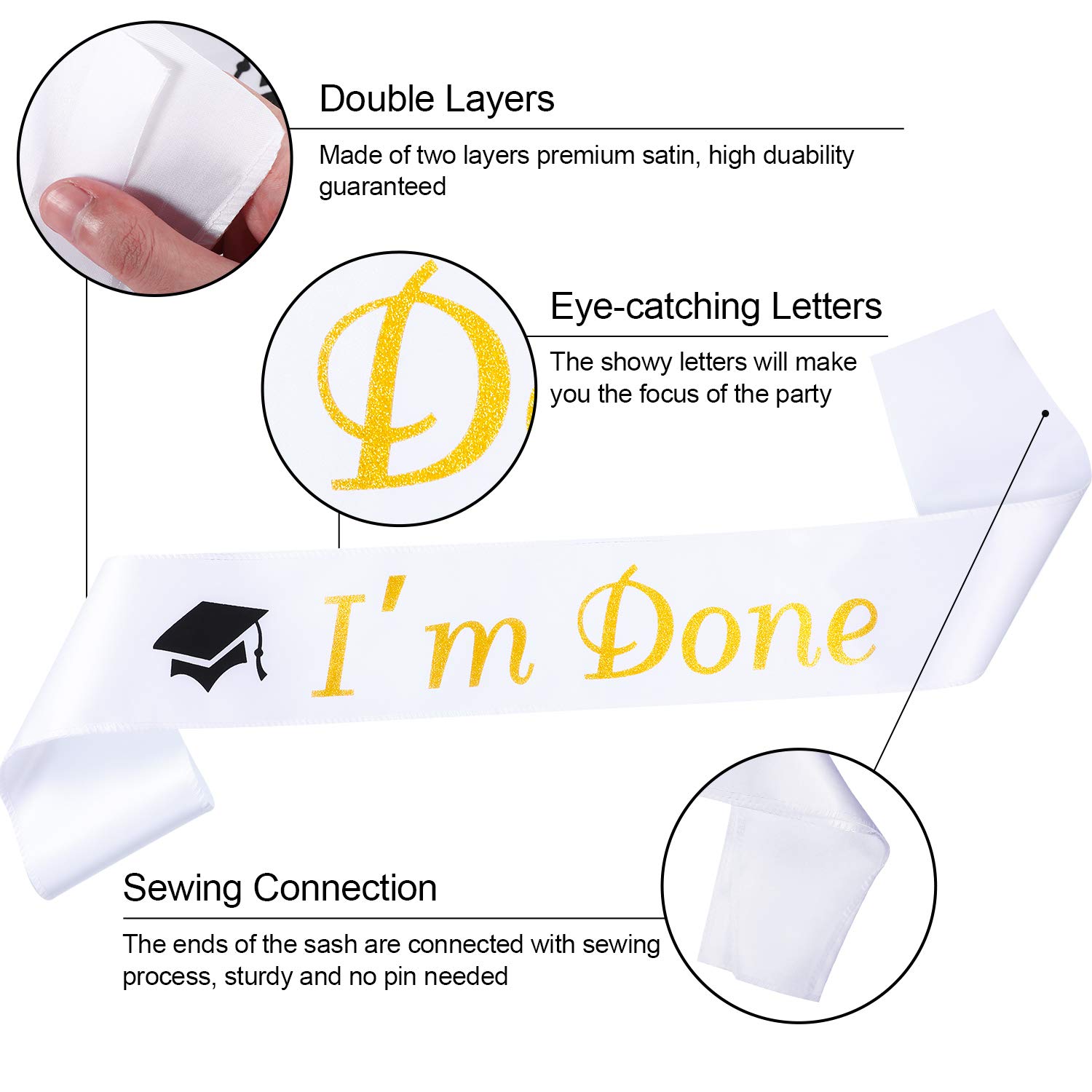 Chinco 2025 Graduation Party Supplies Kit - Glitter Metal Graduation Crown Tiara & Sash Set - Perfect Graduation Decorations & Party Favors - Ideal for High School/College Graduation Ceremonies & Photo Shoots (White 'I'm Done')