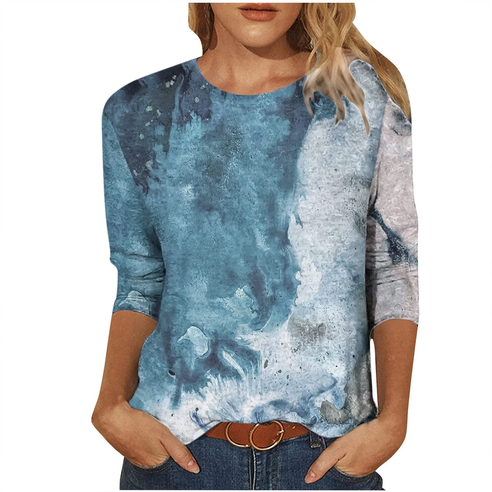 Trendy Women's 3/4 Sleeve Crewneck T-Shirt - Floral Print Loose Fit Tunic Top for Summer | Casual Cute Plus Size Tees for Beach, Travel & Everyday Wear