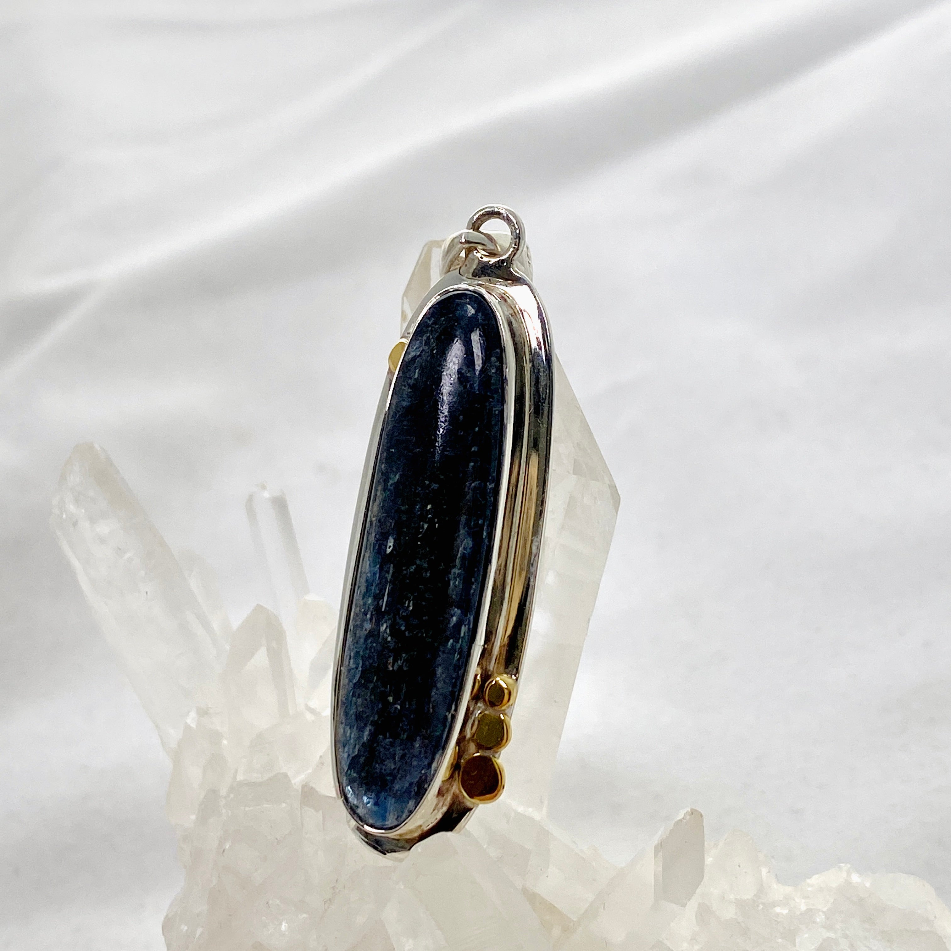 Blue Kyanite Oval Cabochon Pendant with Brass Detailing - Natural Healing Stone Jewelry for Chakra Balancing & Meditation - Perfect for Spiritual Gifts & Energy Work (KPGJ4617)