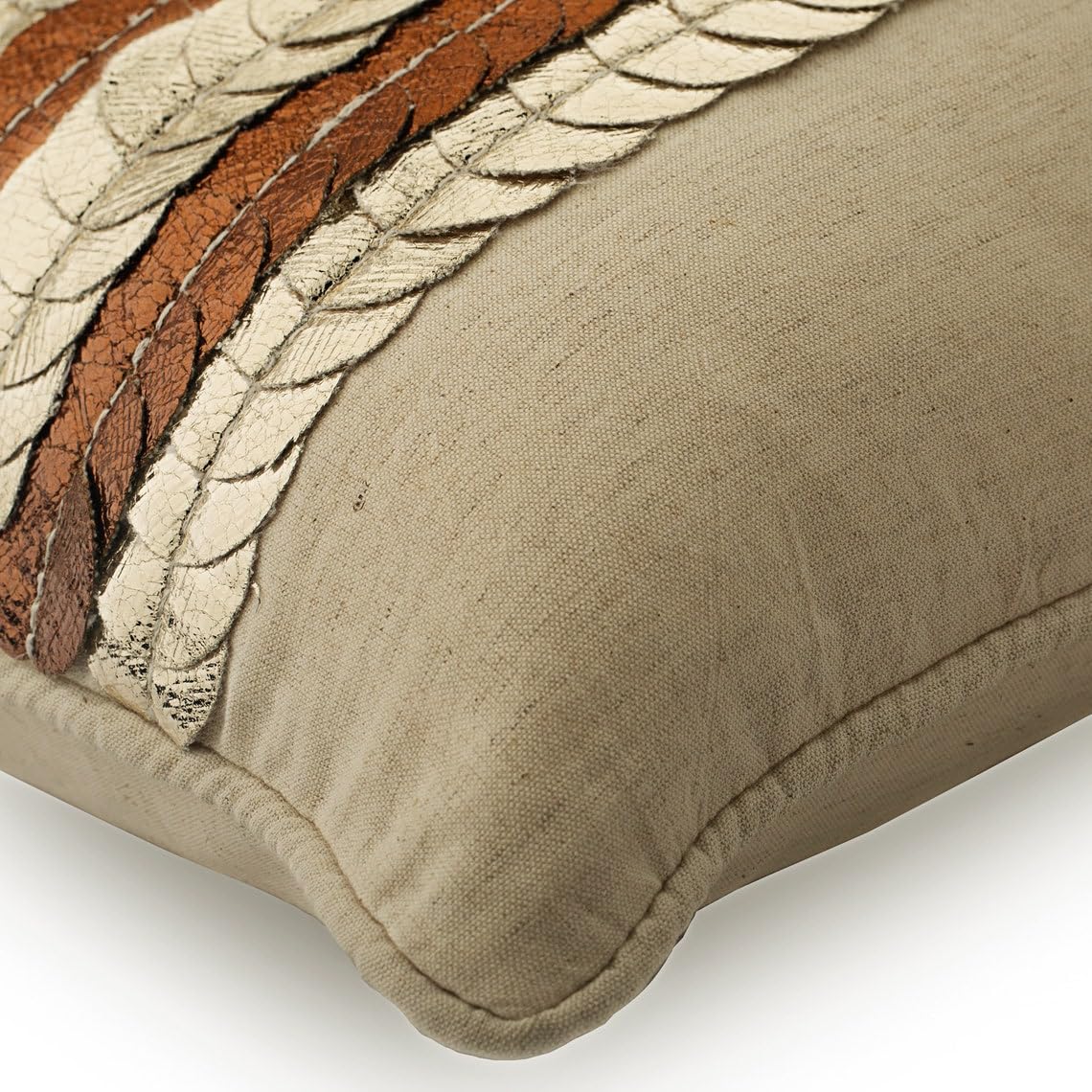 HomeCentric Decorative Beige Lumbar Pillow Throw - 12x18 inch (30x45 cm) Linen Lumbar Pillow with Metallic Faux Leather Circles & Dots Design - Almost Copper - Perfect for Sofa, Bed, Couch, and Home Decor