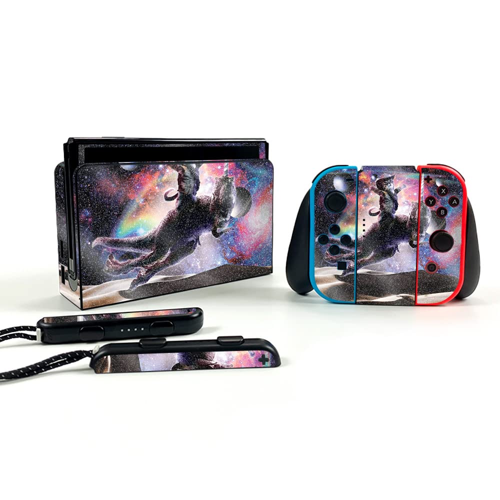 MightySkins Glossy Glitter Skin Cover for Nintendo Switch OLED - Jurassic Space Cat Design | Protective Durable Scratch-Resistant Vinyl Decal | Easy to Apply & Remove | Made in USA | Perfect for Gaming, Travel & Personalization