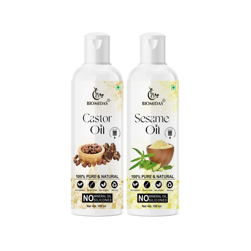 Biomidas 100% Pure Castor Oil & Sesame Oil Combo (100ML Each) for Hair Growth, Anti Hair Loss, Split Ends Repair - Promotes Soft, Shiny Hair (Pack of 2) | Natural Hair Care for Thicker, Healthier Locks | Perfect for Daily Scalp Massage & Overnight Hair Treatment