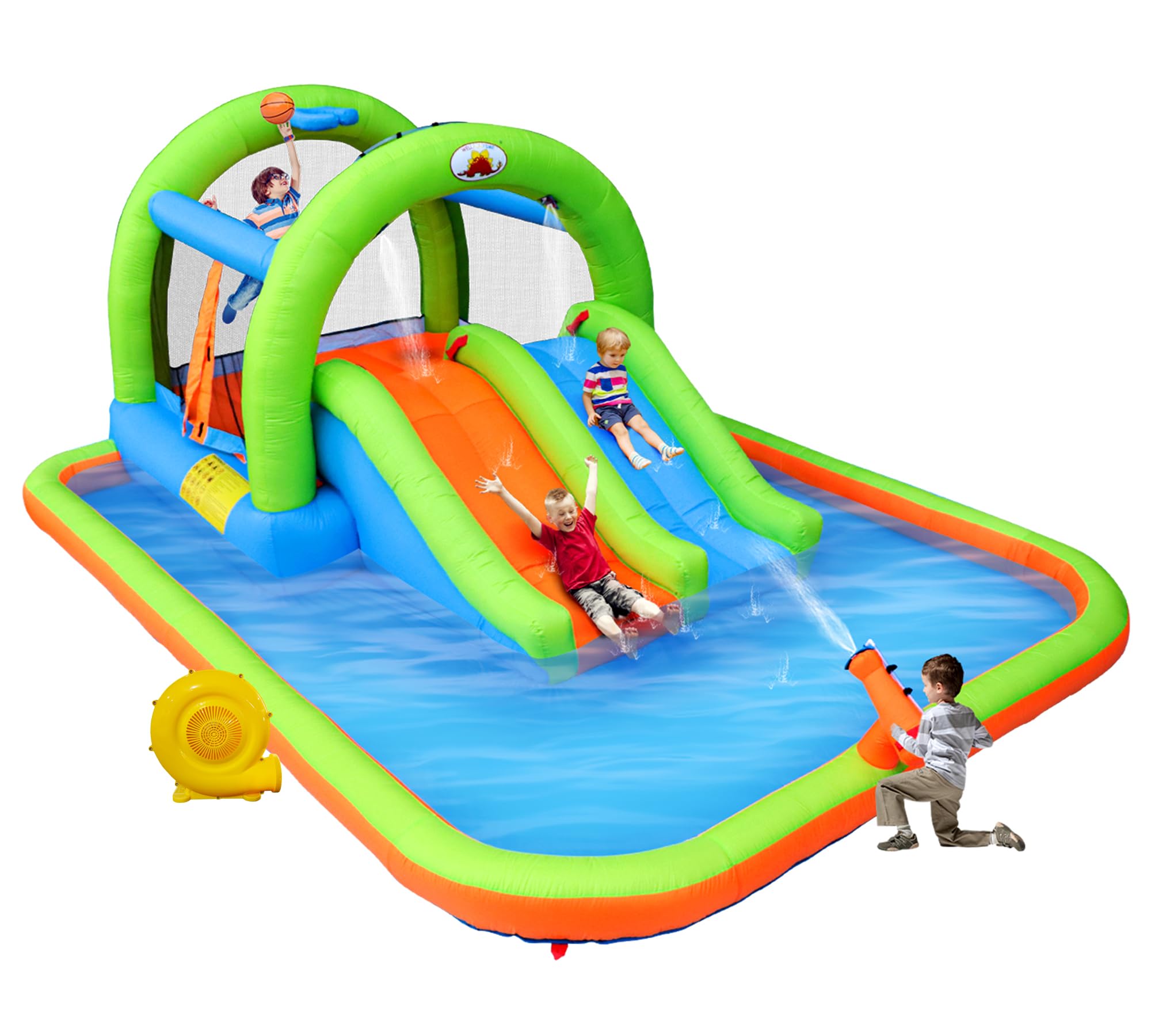 Best Inflatable Water Park with Blower - Bouncy House with Double Slide, Water Cannon & Basketball Hoop - Perfect for Backyard Parties, Summer Fun & Kids Outdoor Activities