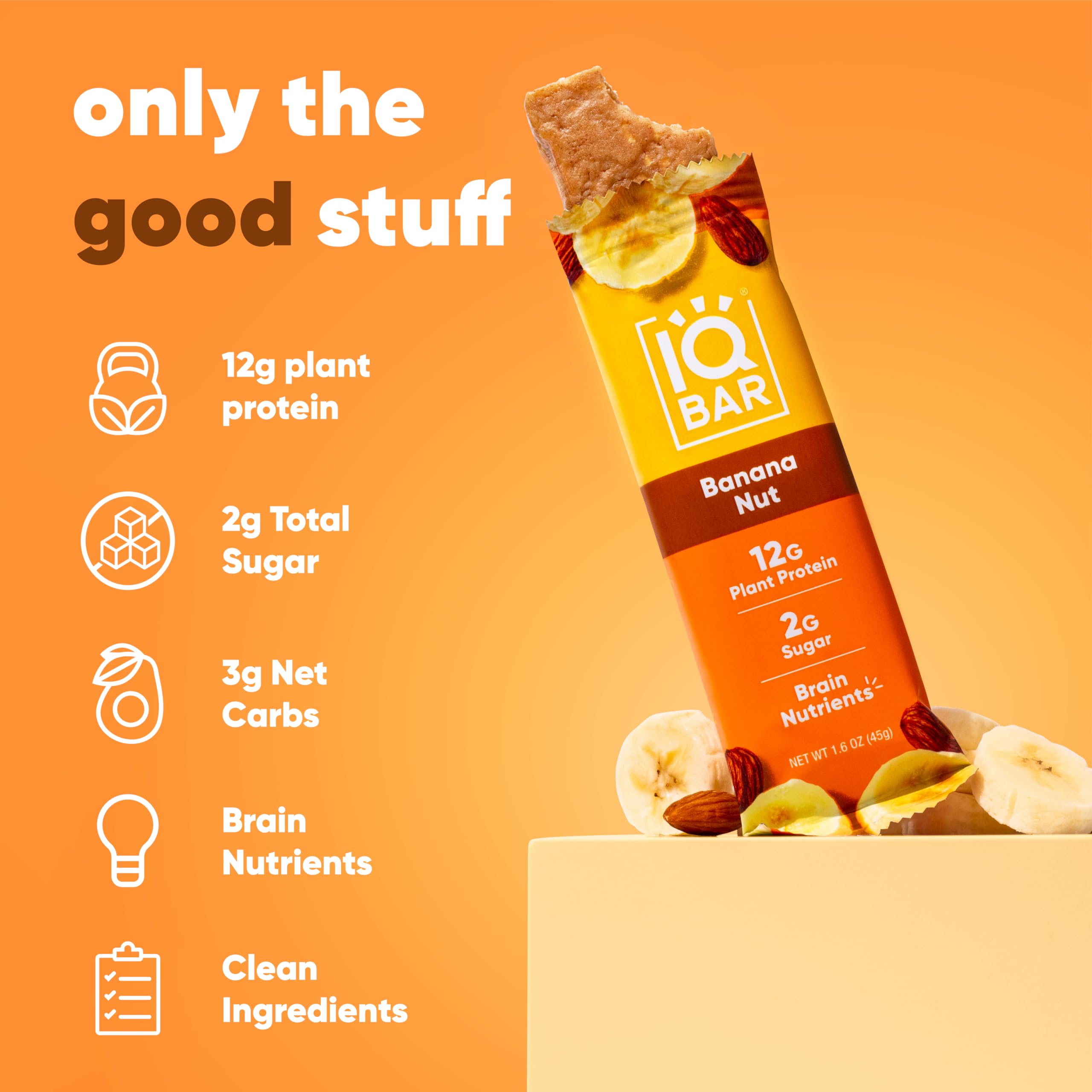 IQBAR Brain and Body Plant Protein Bars - Banana Nut Flavor - 36 Count | Low Carb, Gluten Free, Vegan Snacks | High Fiber, Low Sugar Meal Replacement | Perfect for Workouts, Travel & Healthy On-the-Go Nutrition