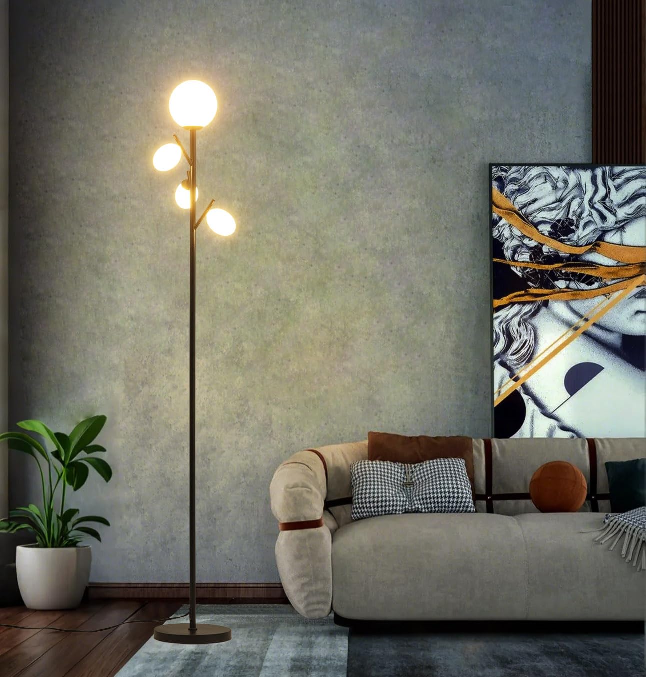 Fiqevs 4 Globe Mid Century Modern Floor Lamp with 4 x 800LM LED Bulbs - Black Tree Torchiere Standing Lamp for Living Room, Bedroom & Office - Vintage Style Tall Lighting for Home Decor & Workspace