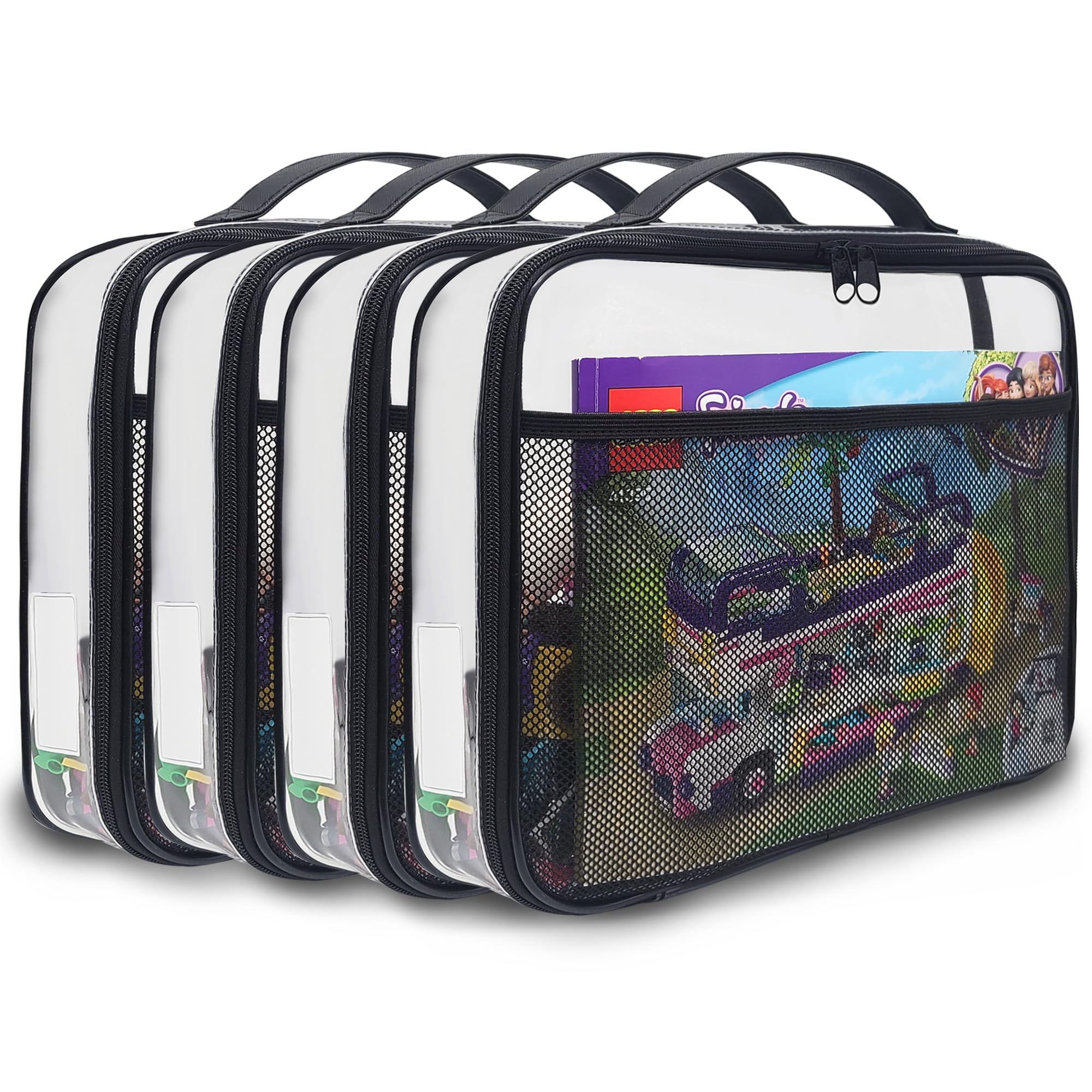 Holay 4-Pack PVC Zippered Storage Organizer Case for Blocks, Toys, Clay & Board Games - Large Black with Name Tag & Manual Pocket | Perfect for Playroom Organization & Travel Toy Storage