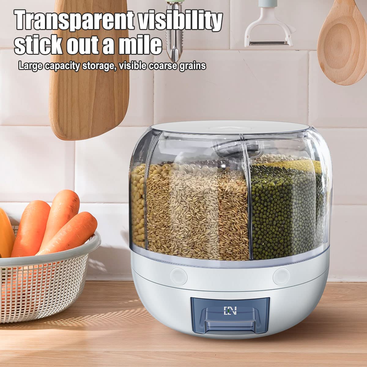 360° Rotating 6-Grid 3kg Round Food Dispenser - Transparent Plastic Cereal/Rice/Dry Food Container with Lid for Kitchen Storage | Perfect for Pantry Organization & Bulk Food Dispensing