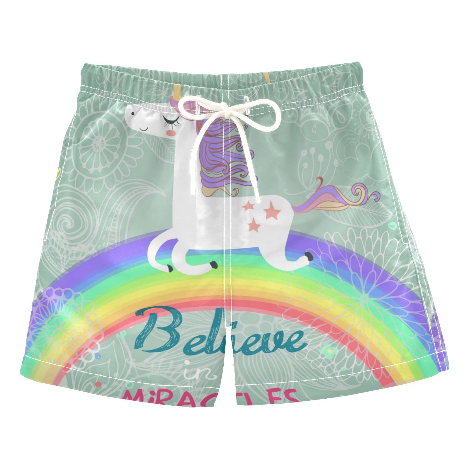 Boys' Quick-Dry Unicorn Rainbow Swim Trunks with Mesh Lining - Adjustable Waist Swim Shorts for Beach, Pool & Summer Water Play
