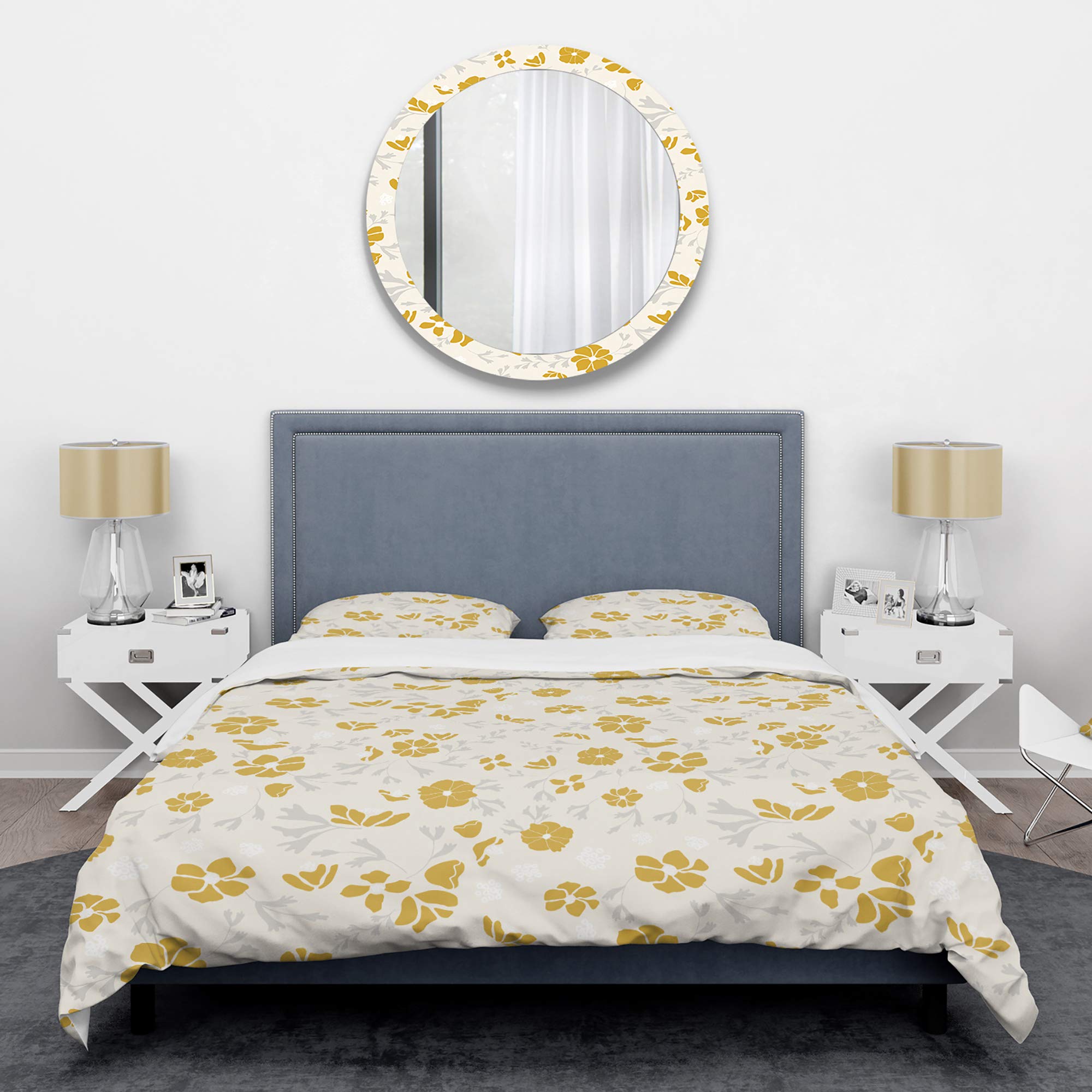 Retro Hand-Drawn Poppies III Mid-Century Modern Duvet Cover Set - King Size Yellow Bedding (3-Piece) | All-Season Comfort for Vintage & Boho Bedroom Decor