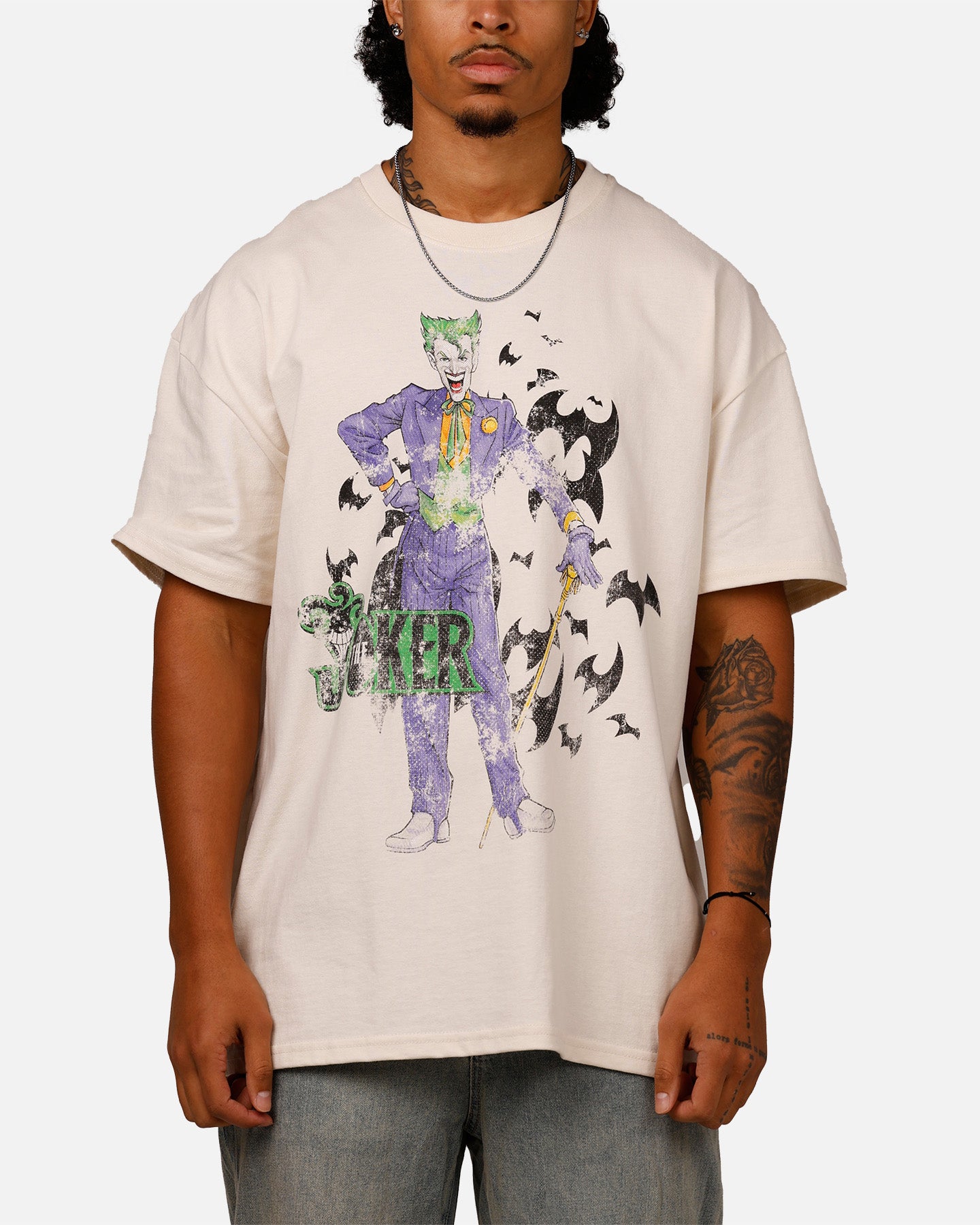 American Thrift DC Comics Batman The Joker Cane Graphic Heavyweight Cotton T-Shirt - Off White | Superhero & Comic Book Fan Apparel for Cosplay, Halloween & Casual Wear