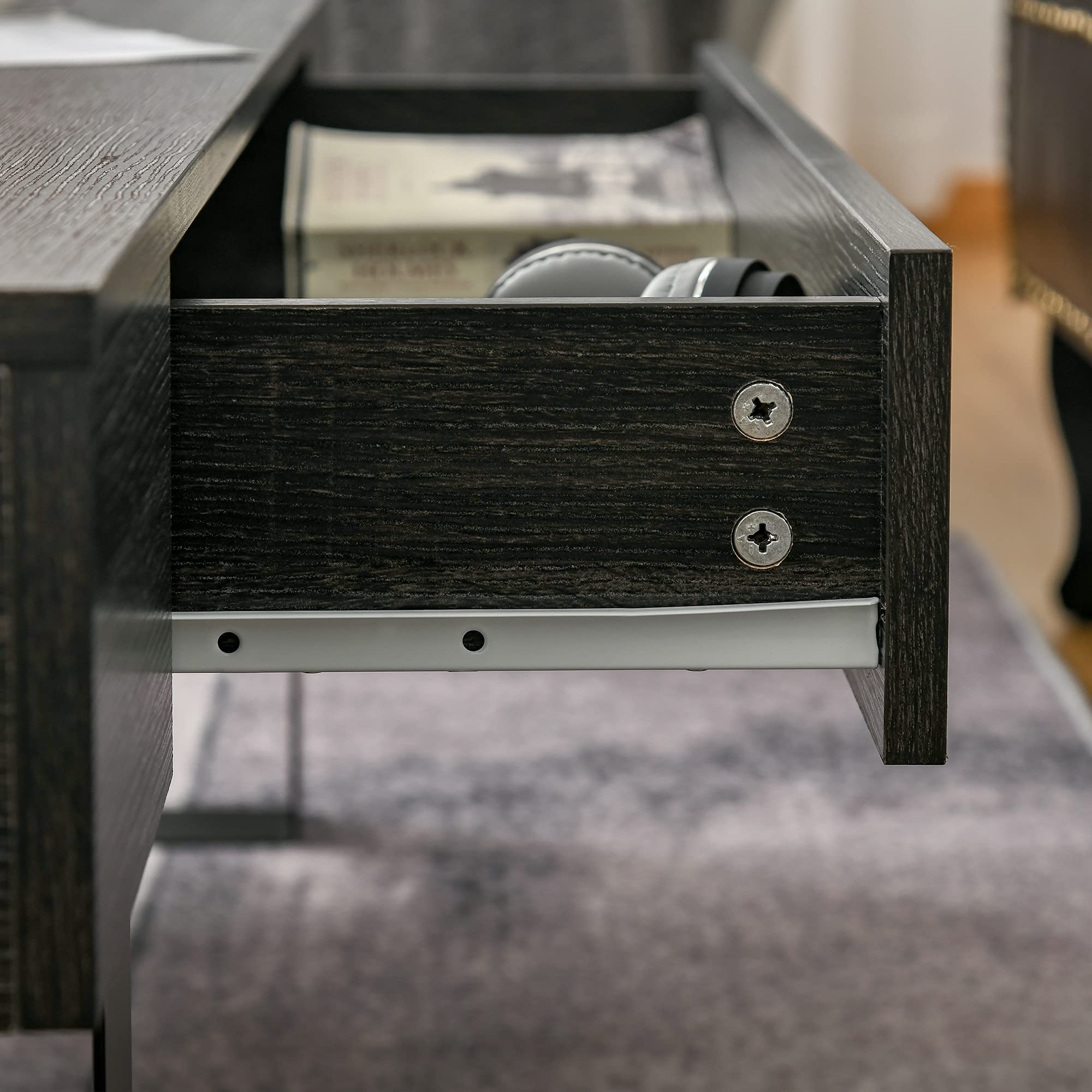 Mid-Century Modern Coffee Table with Storage Drawer - Metal Sled Legs & Wood Grain Surface - Dark Grey Living Room Furniture for Small Spaces, Apartments & Home Decor
