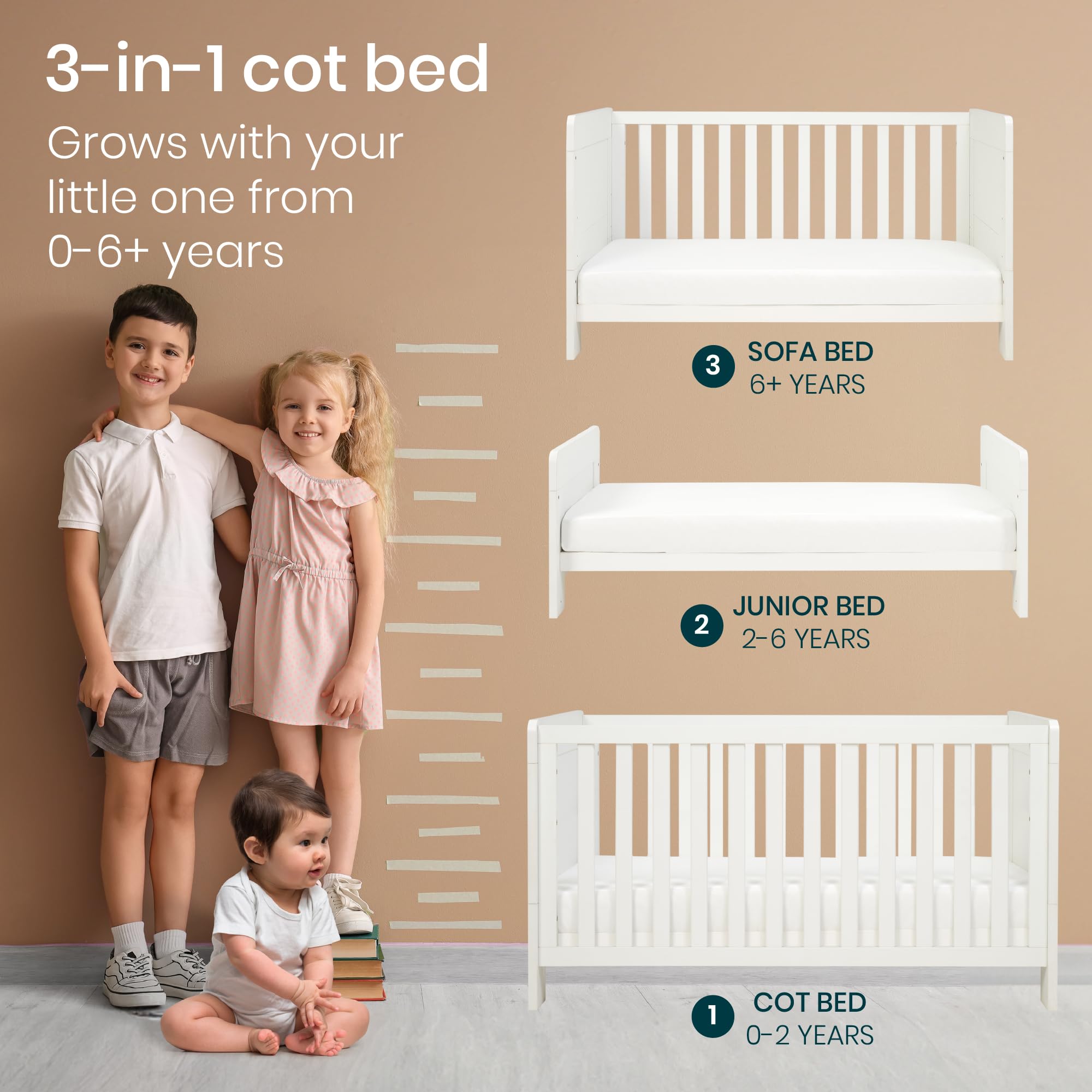 Tutti Bambini Alba 3-in-1 Convertible Baby Crib - Wooden Toddler Bed & Day Bed with Adjustable Base, White (140x70cm) | From Newborn to 6 Years | Nursery, Bedroom & Guest Room Sleeping Solution
