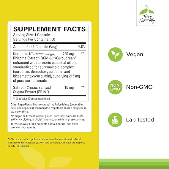 Terry Naturally Saffron Lift® + Curcumin Supplement - Mood Support & Antioxidant Boost - Perfect for Stress Relief & Daily Wellness