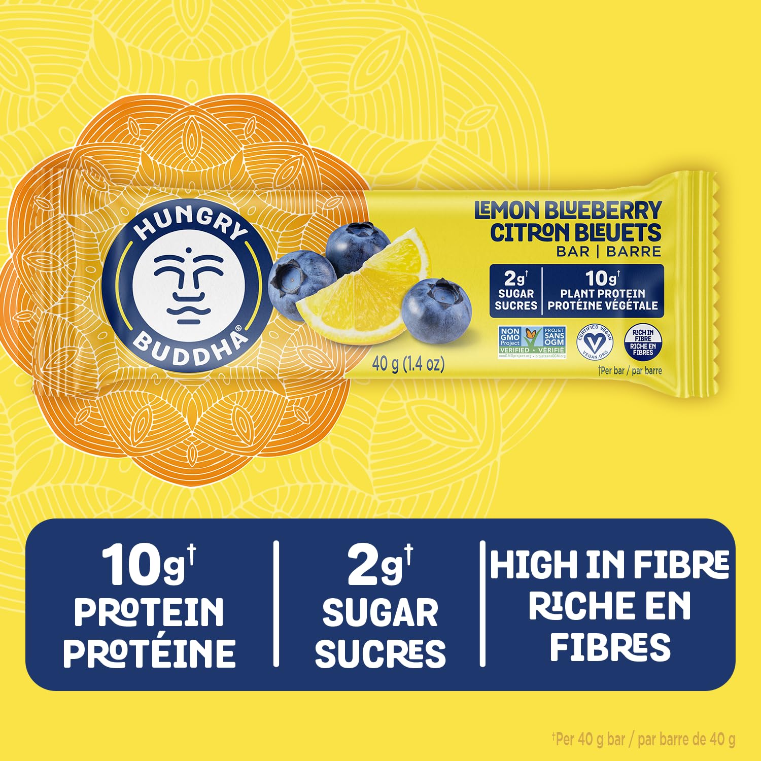 Hungry Buddha Bars - Vegan Protein Bars, Low Sugar, Gluten Free, Keto Friendly, Peanut Free - Plant Based Nutrition Snacks - 12 Pack (Lemon Blueberry) - Perfect for Workouts, Hiking & Healthy On-the-Go Snacking