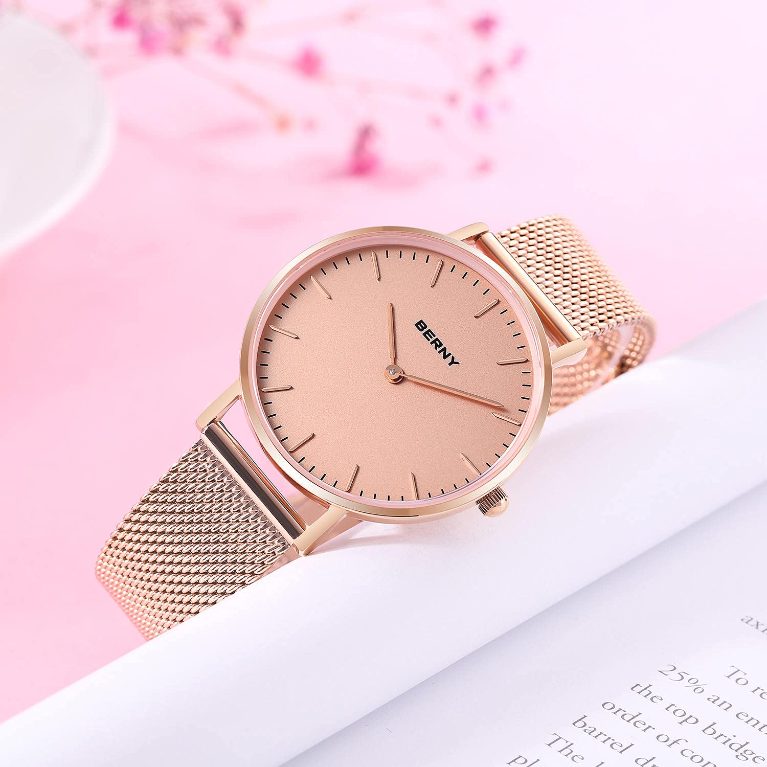 BERNY Women's Rose Gold Minimalist Quartz Watch - Ultra-Thin Two-Hand Design with Mesh Strap, Waterproof Fashion Wristwatch for Everyday Wear, Office & Special Occasions