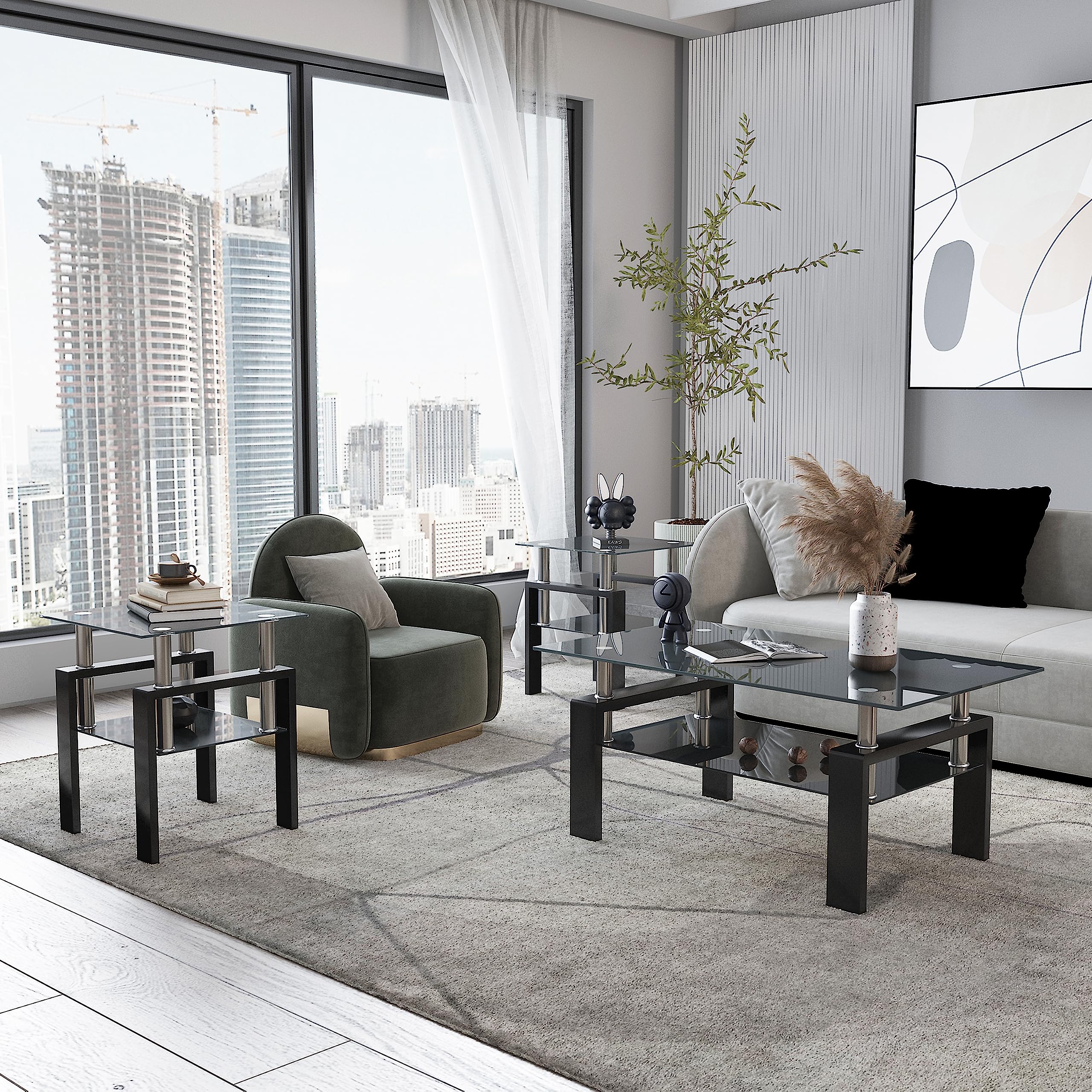 Modern 3-Piece Glass Coffee Table Set with Storage - Black Metal Leg Rectangle Tempered End & Side Tables for Living Room - Perfect for Small Spaces, Apartments & Home Decor (Black-B)