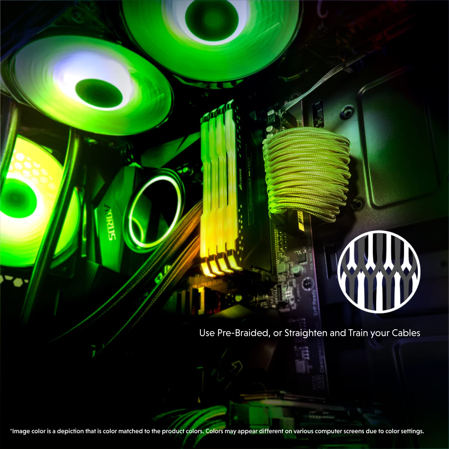 LINKUP - AVA 50cm EPS 4 Pin CPU ATX Motherboard PSU Power Supply Braided Sleeved Extension Cable with Combs | Strong & Stiff Design | Single Pack | 500mm - Green | Perfect for Custom PC Builds & Cable Management