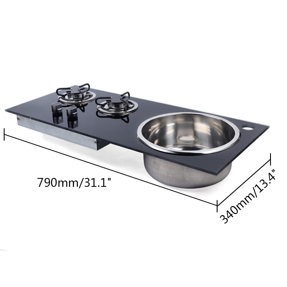2 Burner RV Sink Stove Combo - Tempered Glass LPG Gas Cooktop with Integrated Sink for RV, Boat & Camper Van | Compact Camping Stove for Outdoor Cooking & Space-Saving Kitchen Solution | Perfect for Road Trips, Camping & Tiny Home Living