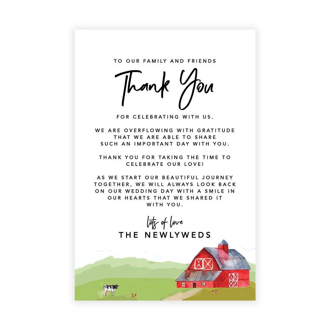 Elegant Barn Farm Wedding Thank You Place Cards - 56-Pack 4x6 Inch Seating Table Cards for Wedding Reception, Dinner Plates & Guest Favors - Perfect for Rustic Weddings, Bridal Showers & Anniversary Celebrations