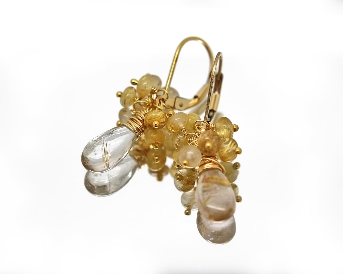 Golden Rutilated Quartz Earrings - Natural Gemstone Gold Jewelry with Rutile Quartz Crystals | Venus Hair Estate Jewelry for Women | Perfect for Weddings, Parties & Special Occasions