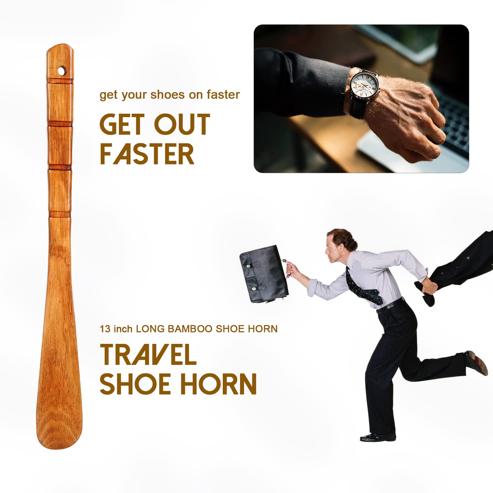 Premium Wooden Shoe Horn Set - 2 Pack Durable 13