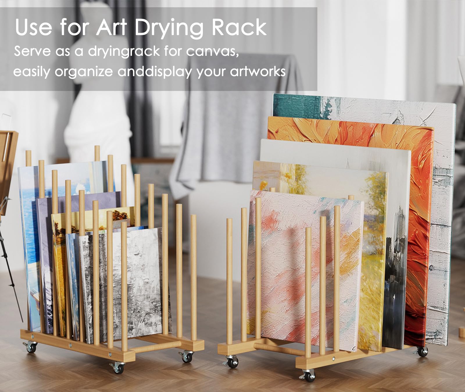 Art Storage Rack with Wheels - Wooden Drying & Display Stand for Canvas, Drawing Boards, Prints & Paper Pads - Perfect for Art Studios, Galleries & Home Artworks Organization