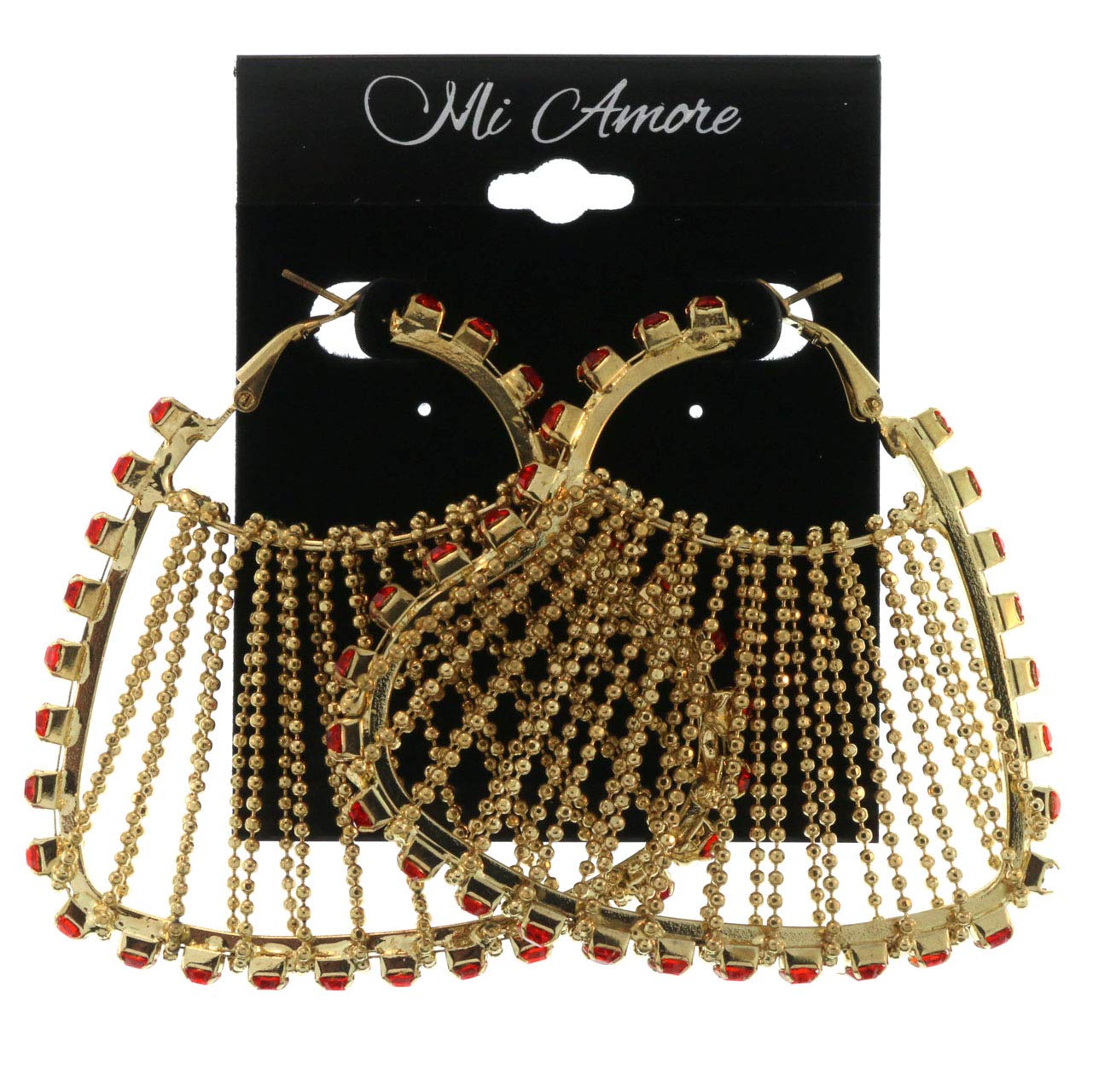 Elegant Gold-Tone Red Metal Hoop Earrings with Crystal Accents - Perfect for Parties, Weddings & Evening Events