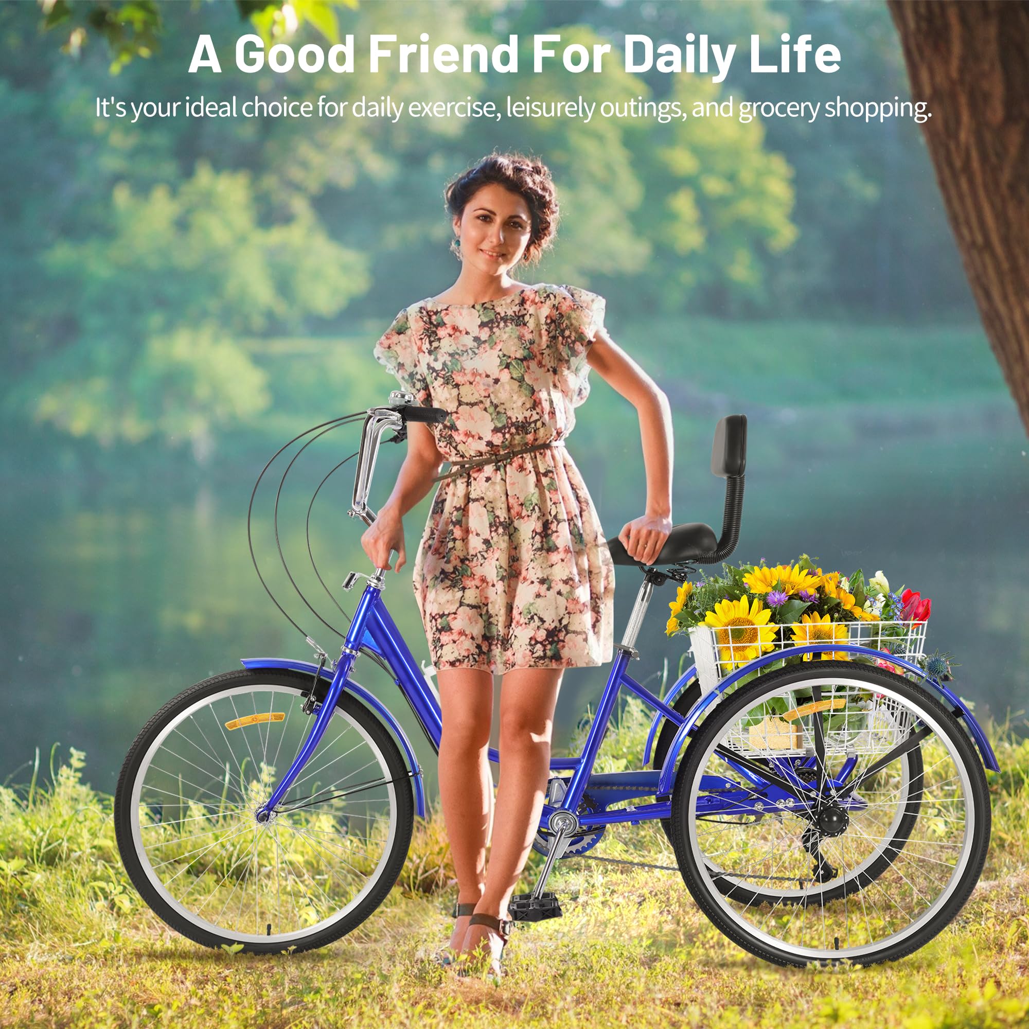 7-Speed Adult Tricycle 24/26 Inch 3-Wheel Bicycle with Large Removable Baskets & Adjustable Seat - Comfortable Cruiser Bike for Seniors, Women & Men - Perfect for Grocery Shopping, Park Rides & Outdoor Recreation