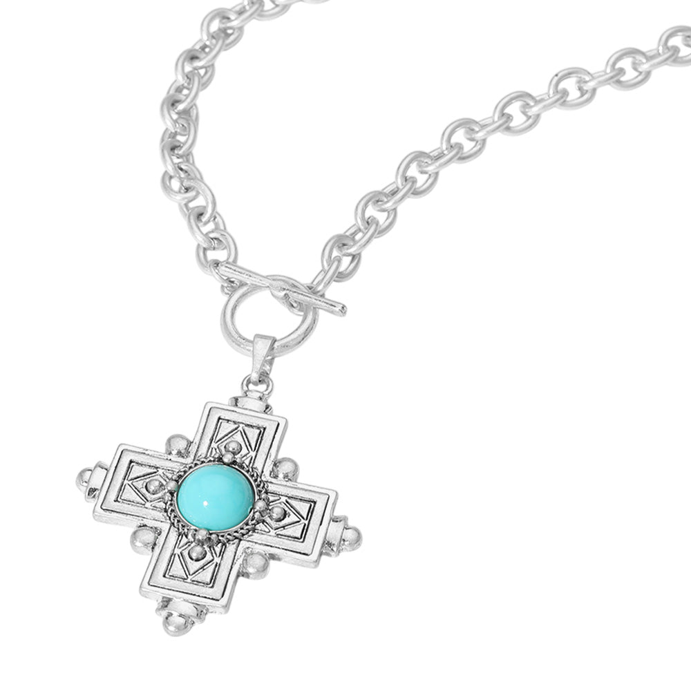 Turquoise Stone Cross Pendant Necklace with Chunky Chain - Spiritual Jewelry for Women, Boho Chic Accessory for Everyday Wear & Gift Giving
