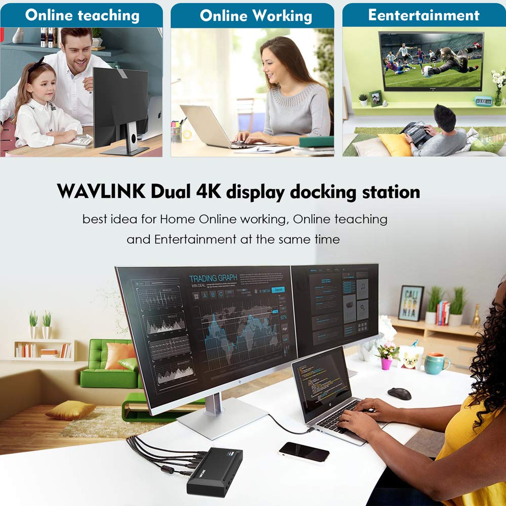 WAVLINK USB-C Docking Station for Laptop - 5K/4K Dual Monitor Support, 65W Power Delivery, 2xDP/2xHDMI/4xUSB 3.0/2xUSB-C/Gigabit Ethernet - Black | Ideal for Home Office, Gaming & Multitasking