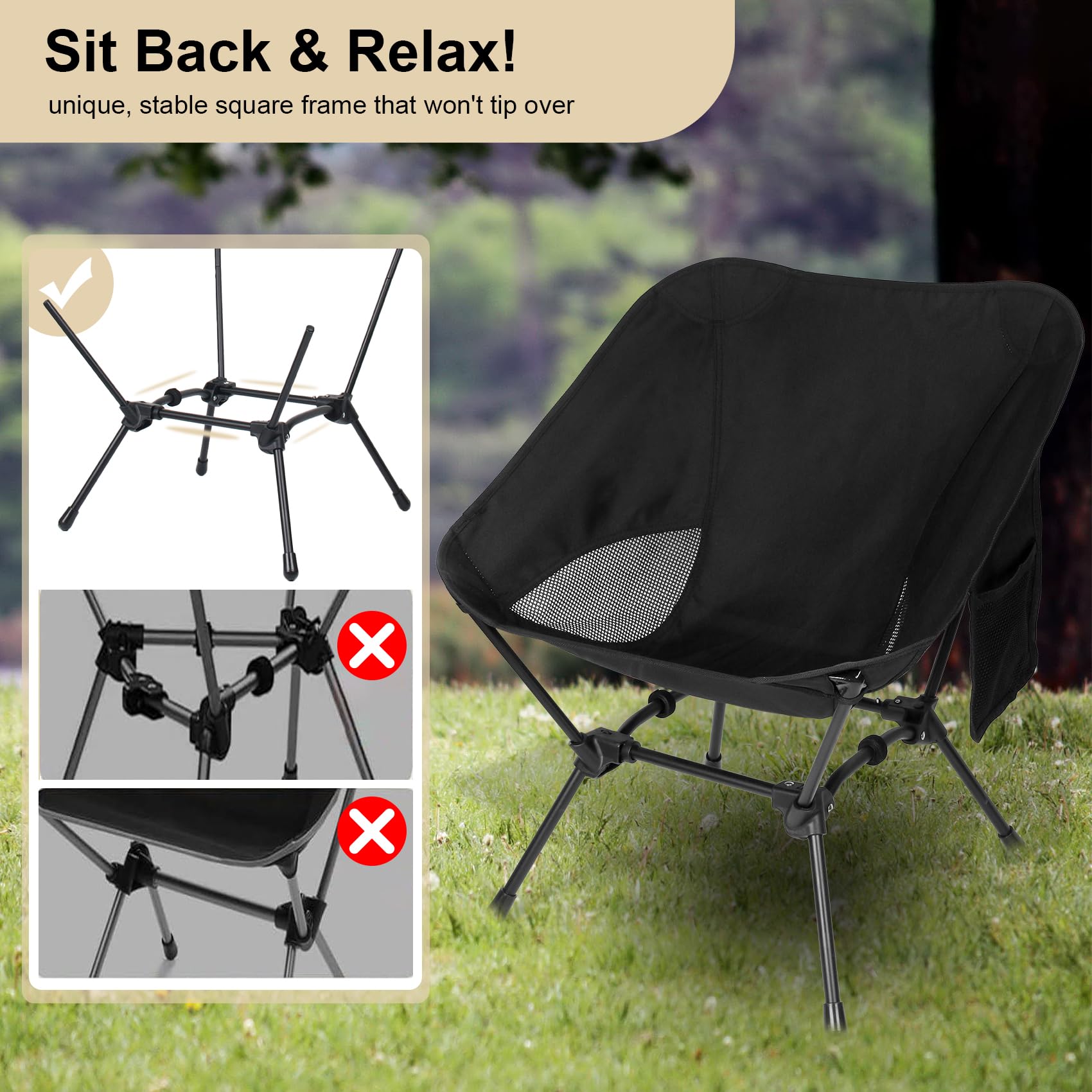 **Dreamoon Lightweight Foldable Camping Chair - Portable Backpack Chair with Side Pockets & Carry Bag, Adjustable Height Compact Outdoor Chair for Camping, Beach, Picnic, Hiking, Fishing, Travel - Perfect for Backyard BBQs, Tailgating & Outdoor Concerts - Black**
