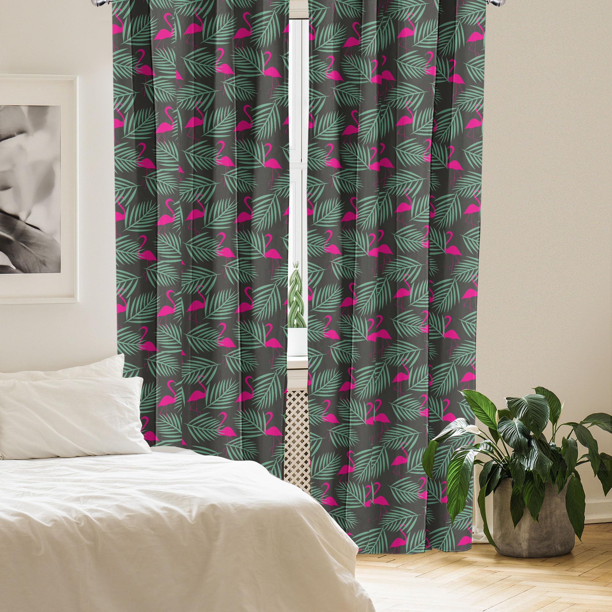 Ambesonne Flamingo & Zoo Animal Curtains - Pink Vibrant Tropical Design, 2 Panel Set (28