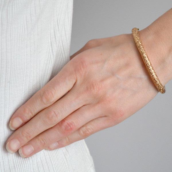 10kt Gold Victorian Repousse Hinged Bangle Bracelet - Elegant Antique Jewelry for Women, Perfect for Weddings, Parties & Special Occasions