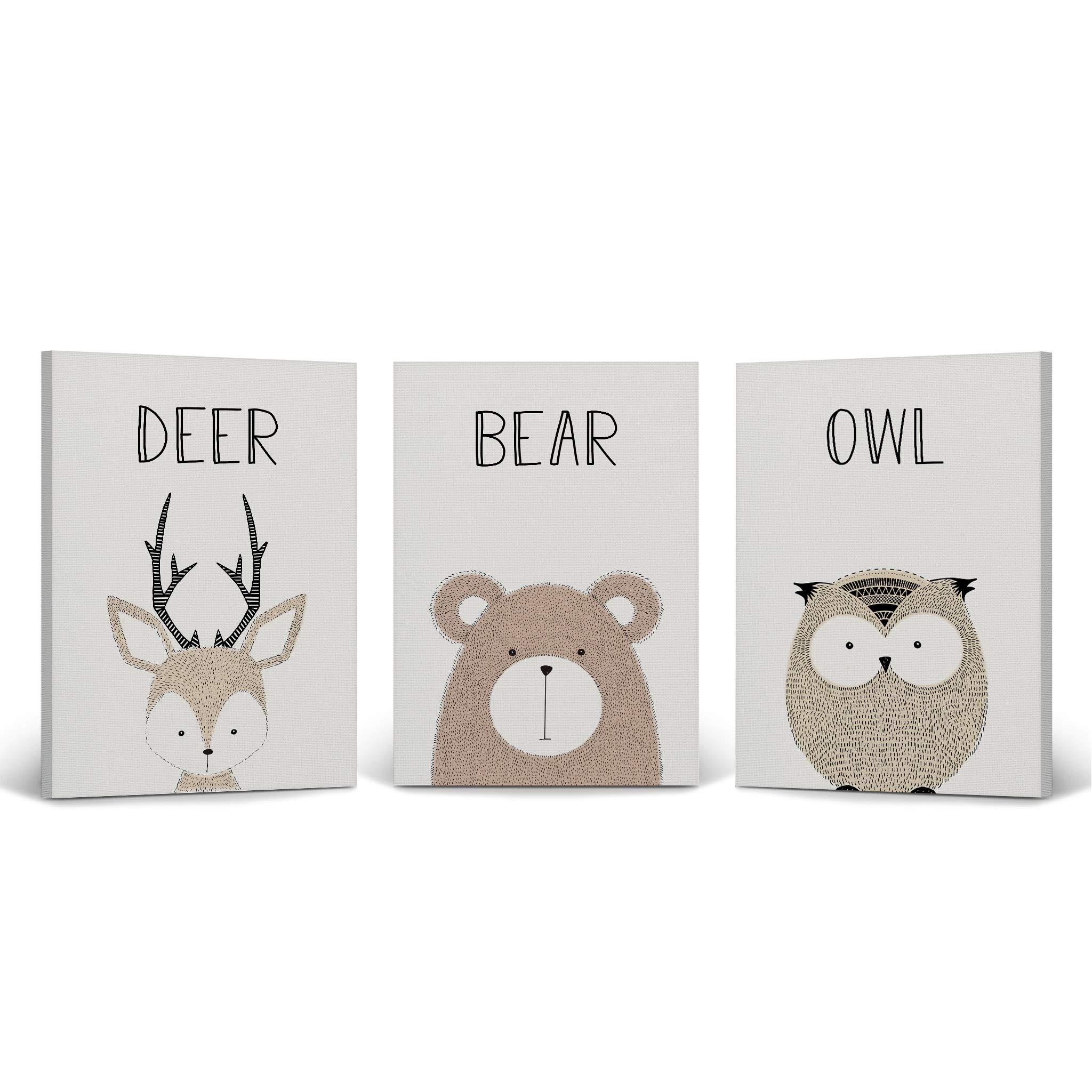 3-Piece Canvas Print Set - Pretty Deer, Bear & Owl Painting with Lettering on Cream Background | Kids Room Decor, Nursery Wall Art for Baby Boys & Girls | Made in USA | Rolled Up (40x30 inches) | Perfect for Nursery, Playroom & Children's Bedroom Decor