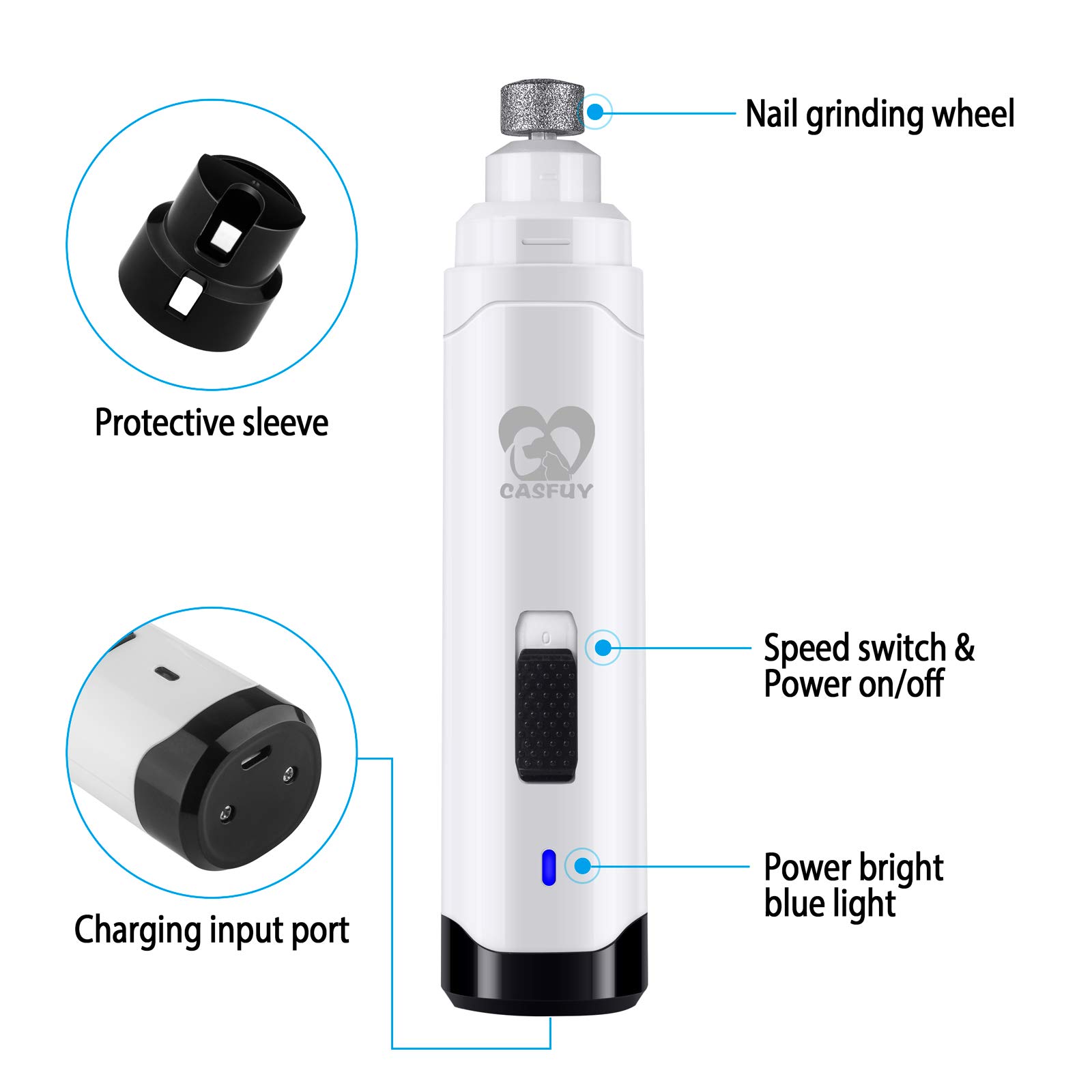 Casfuy Upgraded Dog Nail Grinder - Professional 2-Speed Electric Pet Nail Trimmer for Small, Medium & Large Dogs & Cats | Rechargeable, Painless Paws Grooming & Smoothing | Perfect for Home Grooming & Pet Spa Days (White)