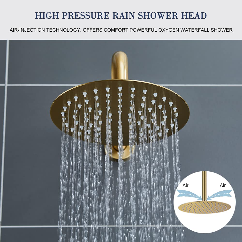 TIPOK Brushed Gold Shower System - 10 Inch Rainfall Shower Head with Handheld Sprayer | High Pressure Gold Shower Faucet Set with Pressure Balance Brass Valve | Perfect for Luxurious Bathroom Renovations & Spa-Like Shower Experience