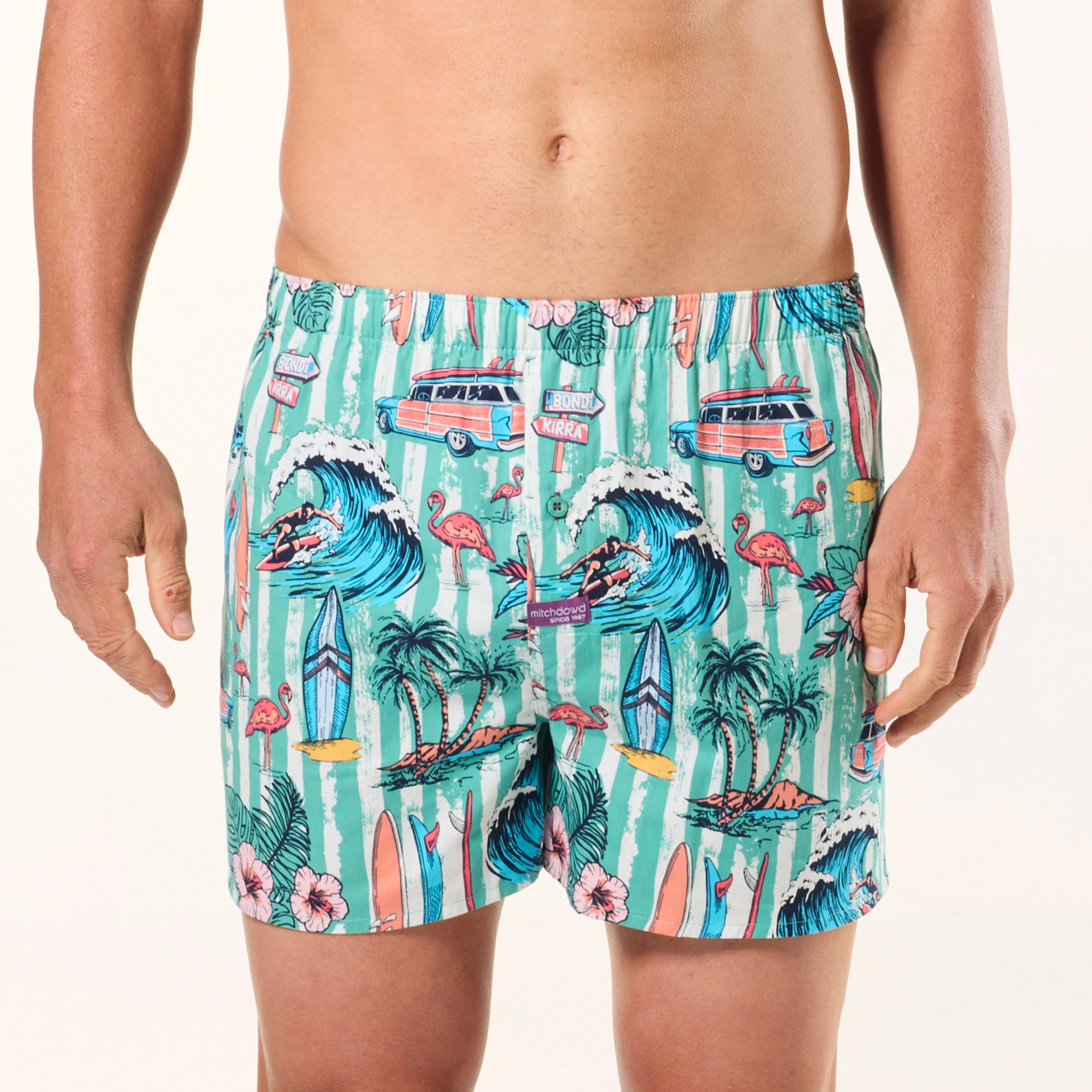 Men's Surfin' Palms Cotton Boxer Shorts 3-Pack - Breathable & Comfortable Underwear for Summer, Beach & Casual Wear - Green