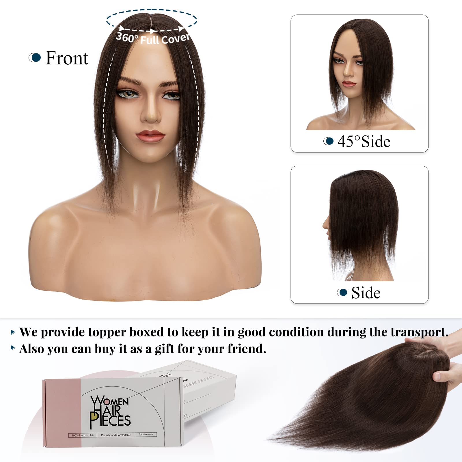 Benehair Clip-in Human Hair Toppers for Women with Silk Base - 1 Piece Remy Human Hair Topper for Thinning Hair - Realistic Hair Extensions Replacement #02 Dark Brown 6 Inch 27g - Perfect for Daily Wear, Special Occasions & Hair Volume Enhancement