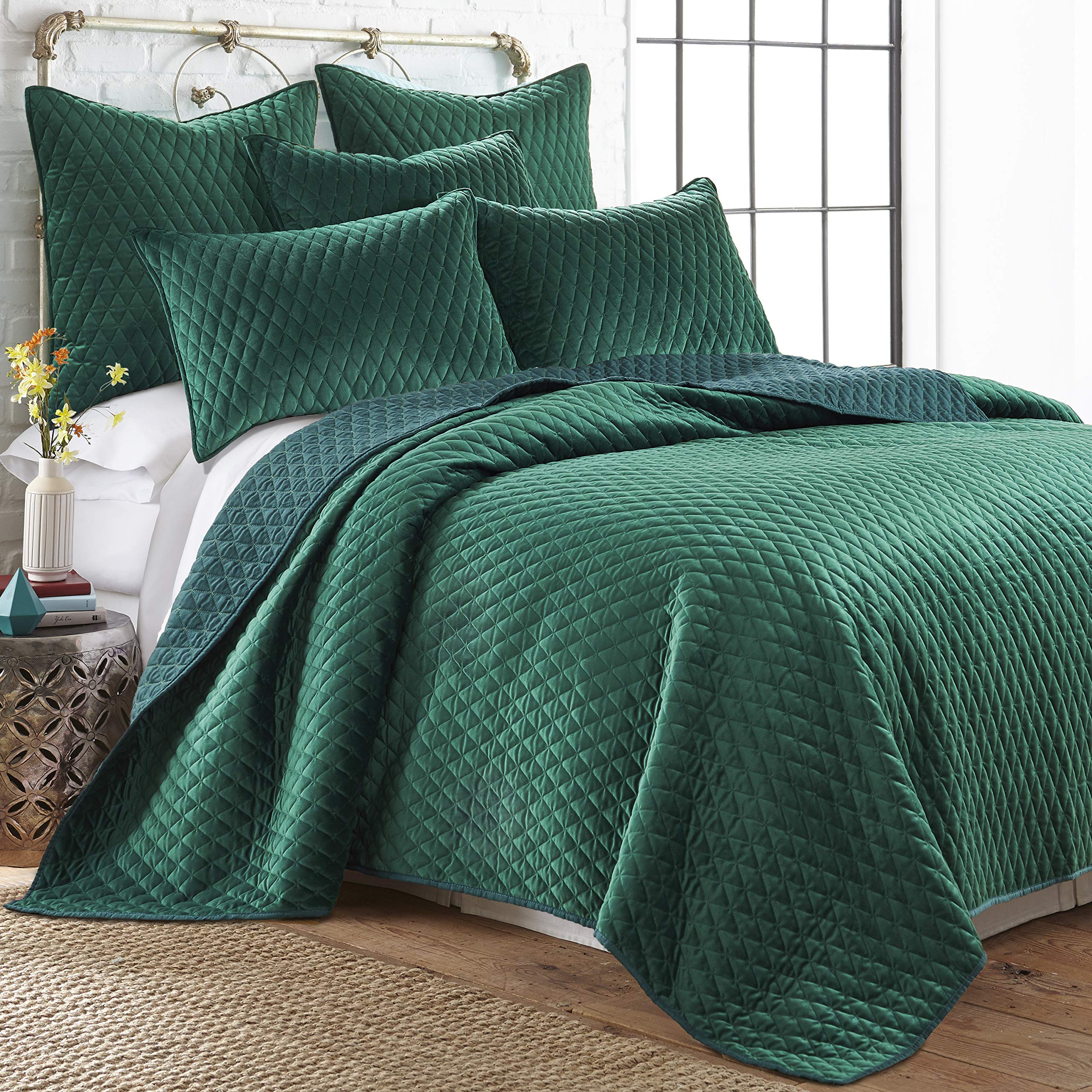 Levtex Home Empire King/Cal King Velvet Quilt - Emerald Green Diamond Quilting Bedspread (106