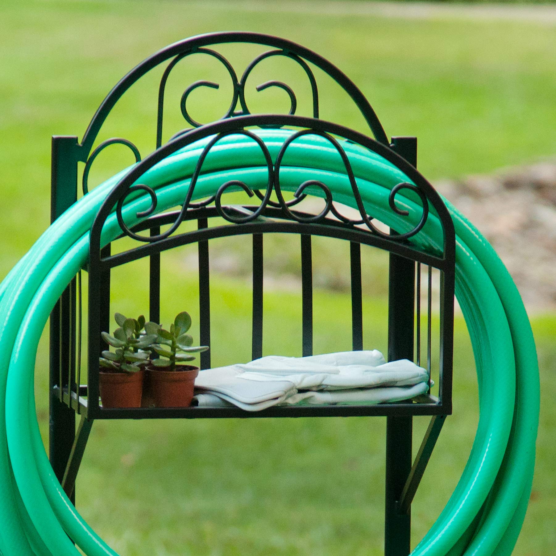 Liberty Garden 119-KD Black Hose Stand with Shelf - Heavy Duty Outdoor Garden Hose Holder for Yard, Lawn, and Patio Use