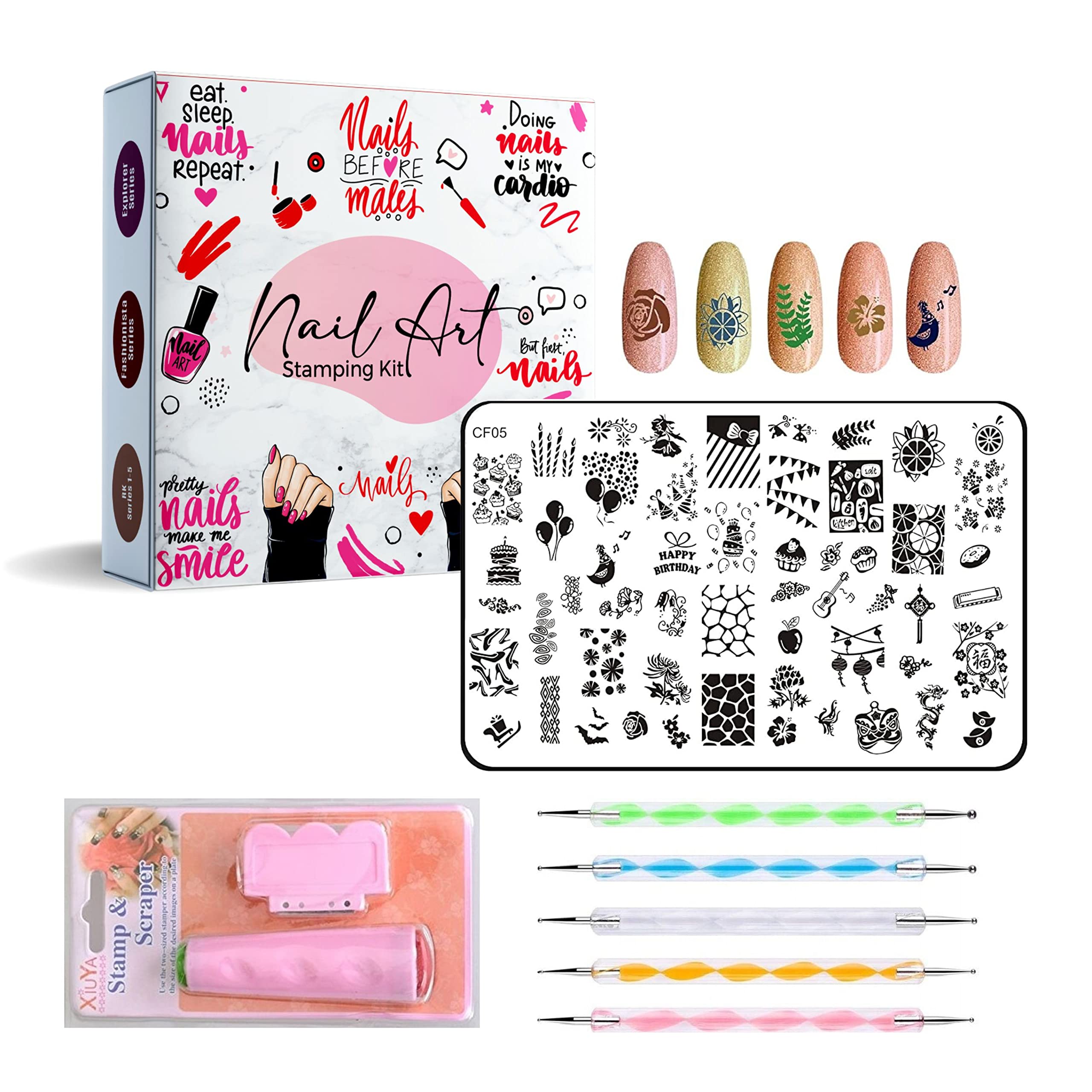 RoyalKart Professional Nail Art Stamping Kit with Stamper & Dotting Tools - DIY Manicure Set for Salon-Quality Nail Designs (CF05) - Perfect for Home Nail Art, Salon Professionals & Gift Giving
