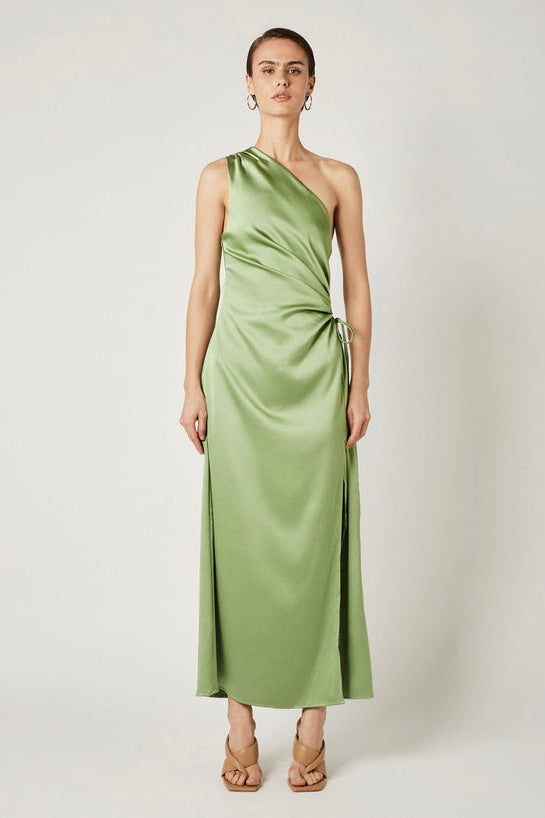 Ariel Light Basil One Shoulder Midi Dress for Women - Elegant Summer Party Cocktail Dress for Weddings, Date Nights & Special Occasions