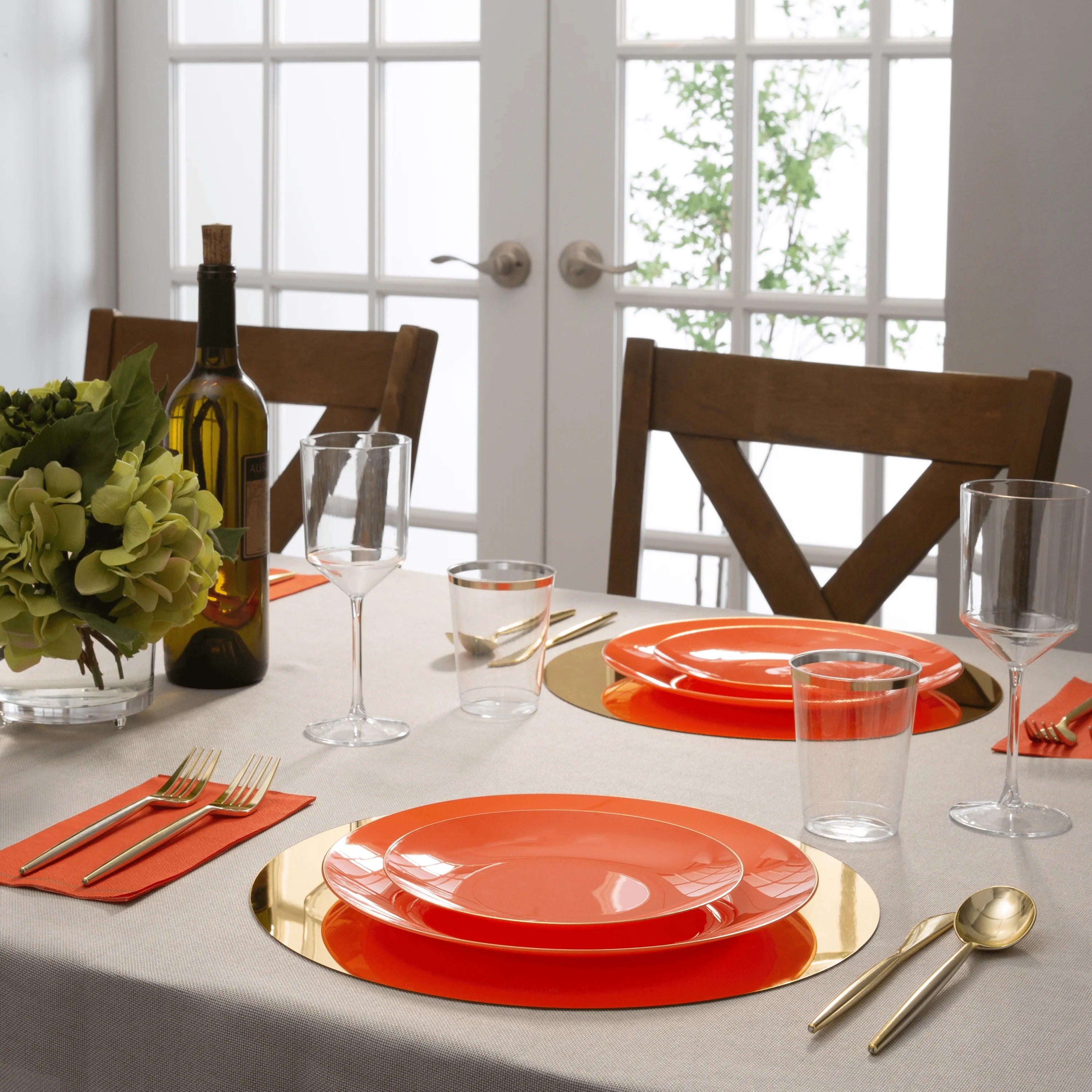 Orange & Gold Rim Round Plastic Plates - Eco-Friendly Disposable Plates for Parties, Picnics & Events - BPA-Free & Durable Dinnerware for Home & Outdoor Use