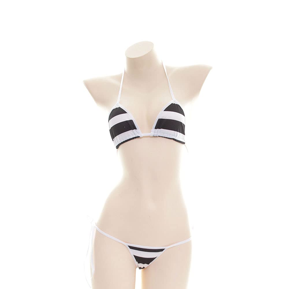 FYMNSI Women's Japanese Anime Lingerie Set - Micro Mini Bikini, Tie Side Swimwear & Striped Bra for Cosplay, Kawaii Fashion | Perfect for Anime Conventions, Beach Parties, and Kawaii Style Photoshoots
