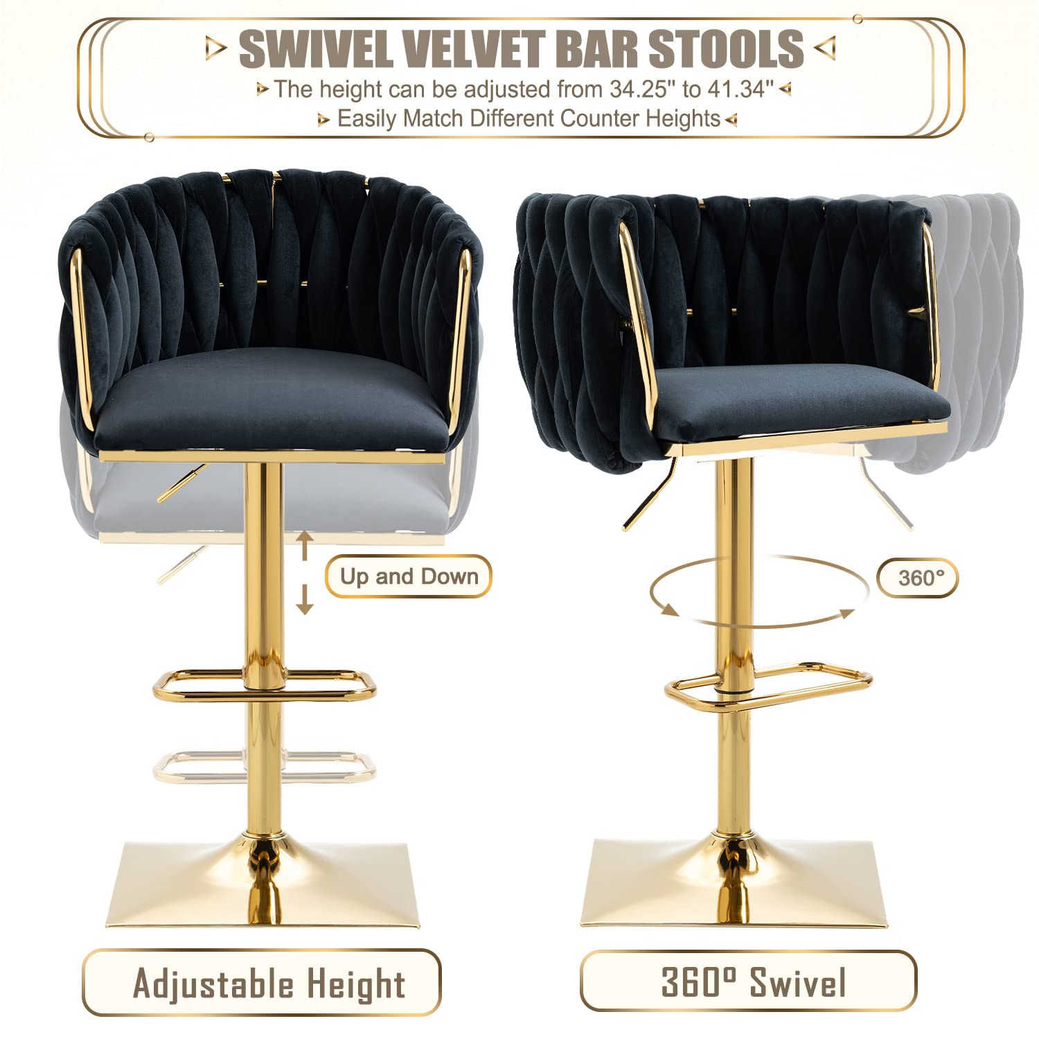 2 Pack Swivel Velvet Bar Stools - Adjustable Height Modern Counter Stools with Woven Back, Upholstered Seating for Kitchen Island, Home Bar, Cafe & Farmhouse Decor - Perfect for Entertaining & Dining (Black)