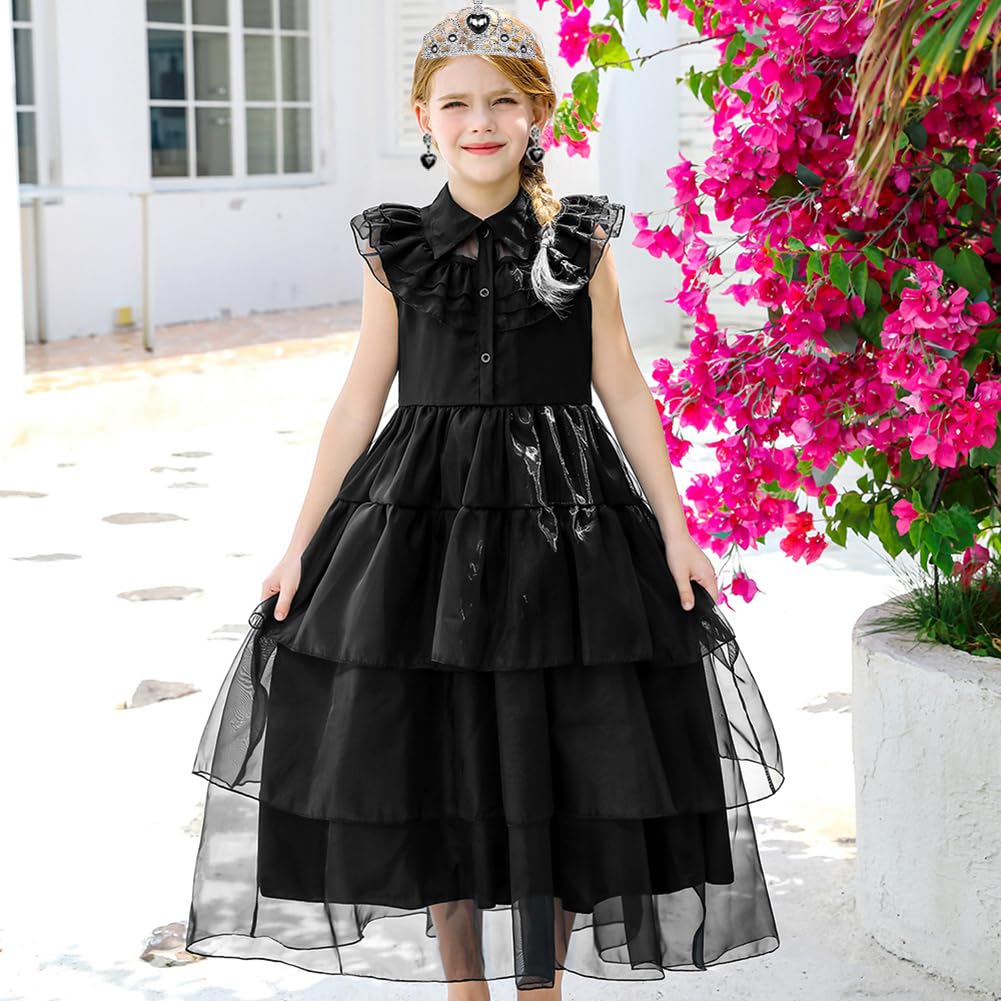 Wednesday Addams Costume Set for Girls - Halloween Gloves, Tiara, Necklace, Wand, Earrings, Bracelet & Ring | Kids Cosplay Dress Up Accessories | Perfect for Halloween, Christmas Gifts & Themed Parties