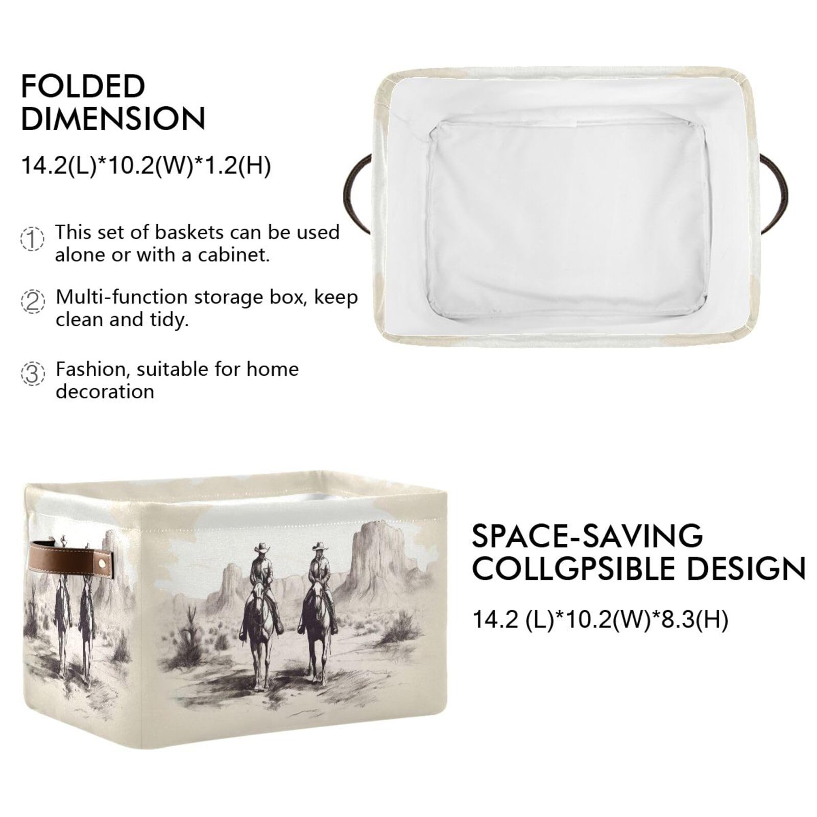 Western Cowboy Style Foldable Fabric Storage Baskets with Leather Handles - 2 Pack Organizer Bins for Closet, Bedroom, Nursery & Office - Perfect for Home Organization & Western Decor