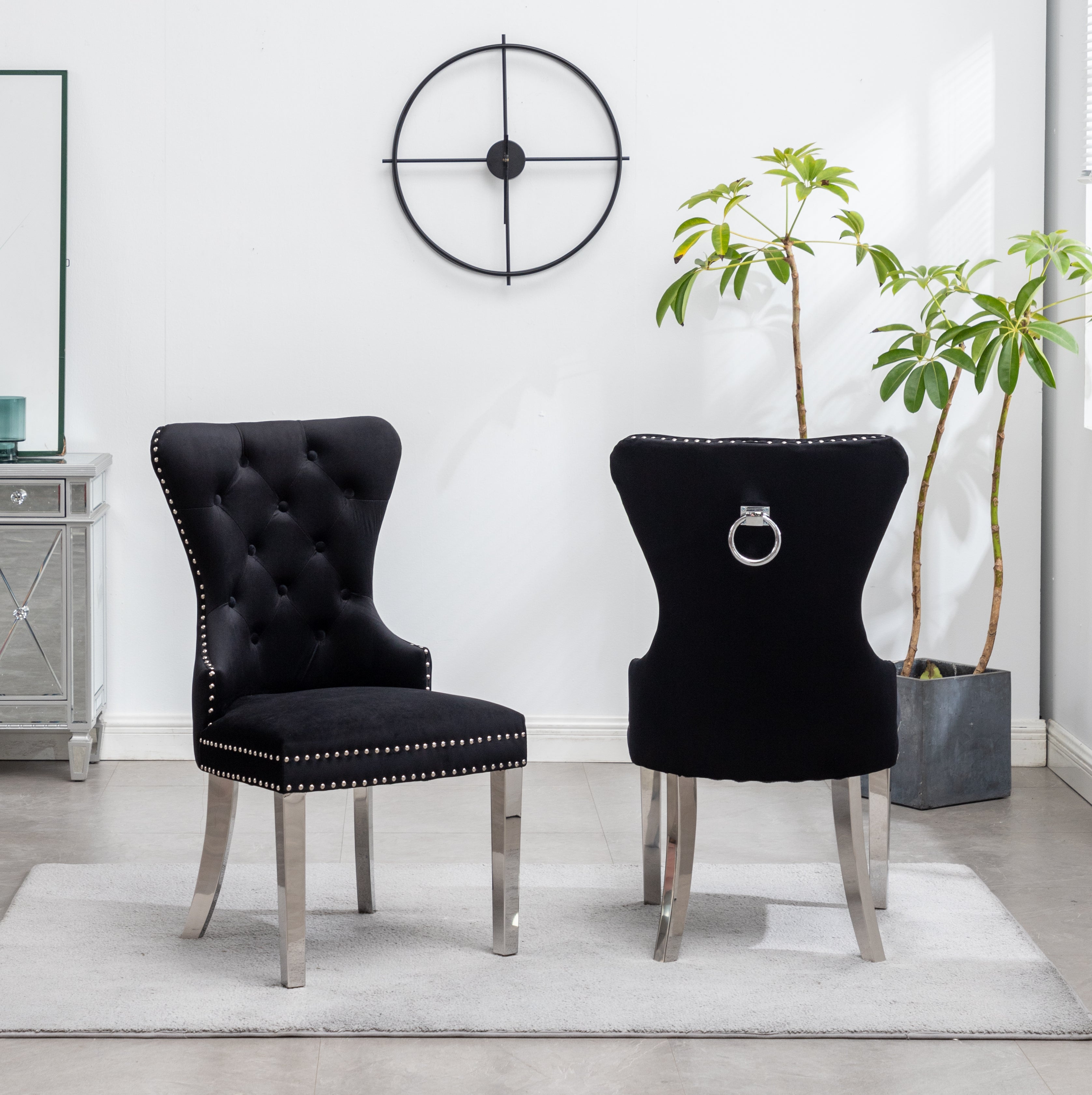Roundhill Furniture Montura Contemporary Tufted Velvet Accent Chairs with Nailhead Trim - Set of 2, Black - Perfect for Living Room, Bedroom, or Office Decor