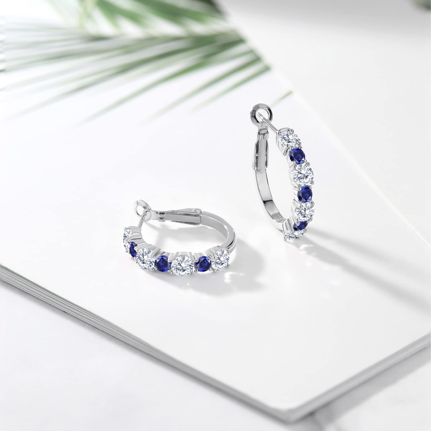 925 Sterling Silver White Moissanite & Blue Sapphire Hoop Earrings for Women | 2.68 CTTW Gemstone Birthstone Jewelry | Round 4MM & 3MM Studs | Perfect for Gifts, Birthdays & Everyday Wear